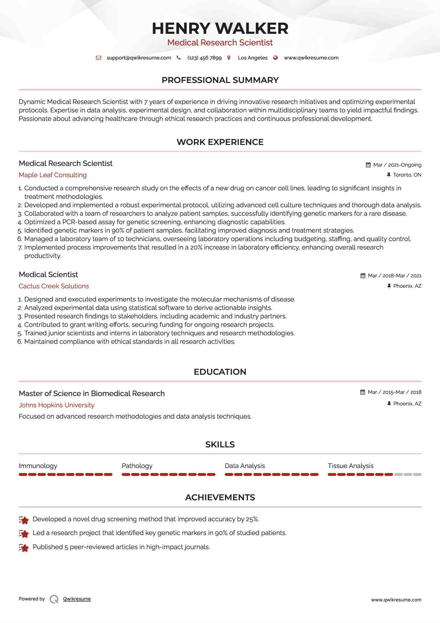Medical Research Scientist Resume Sample