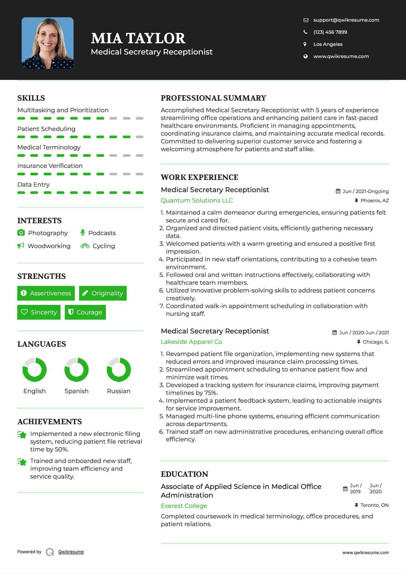 Medical Secretary Receptionist Resume Format