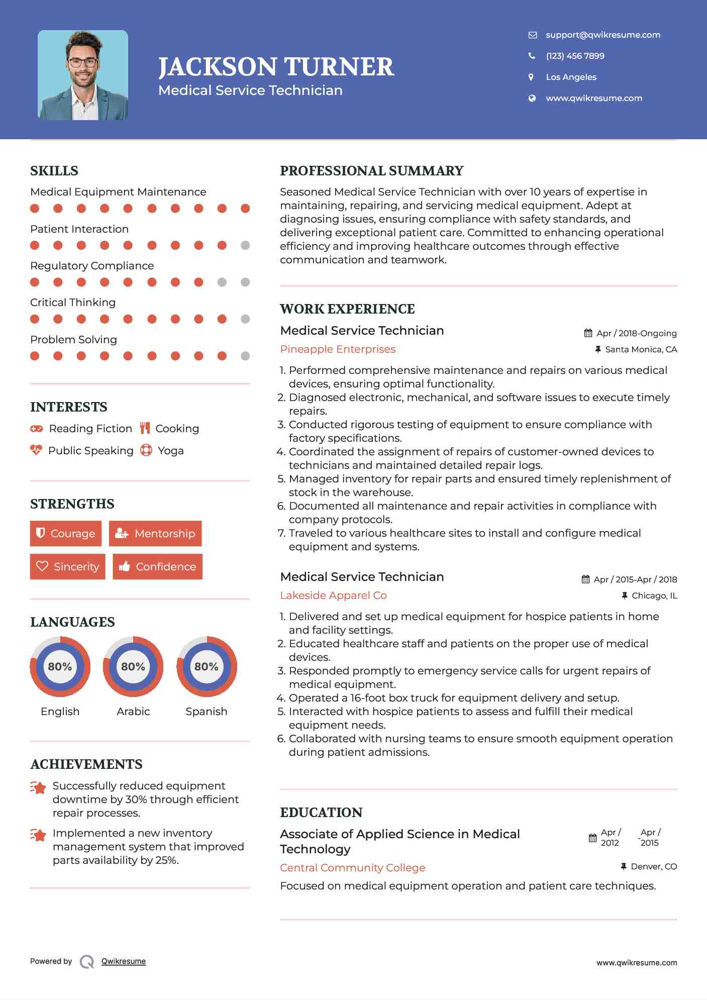 Medical Service Technician Resume Example