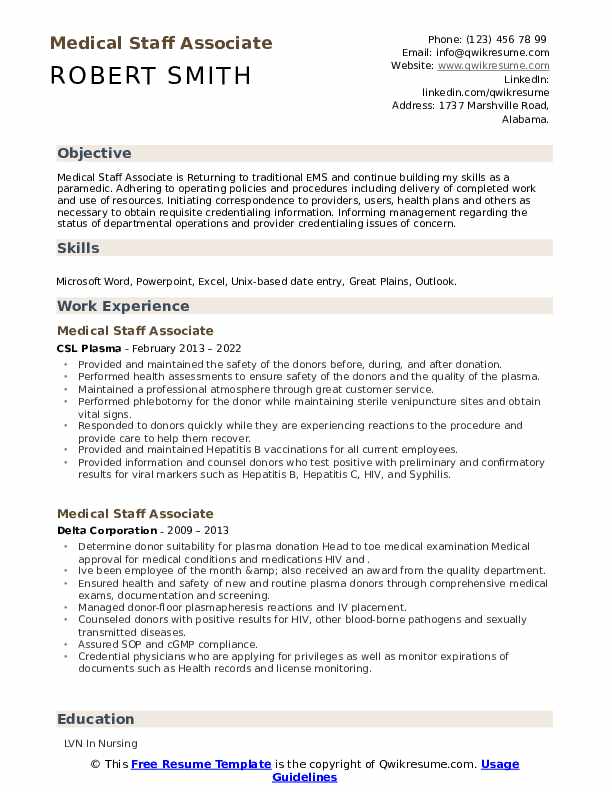 Medical Staff Associate Resume Samples | QwikResume