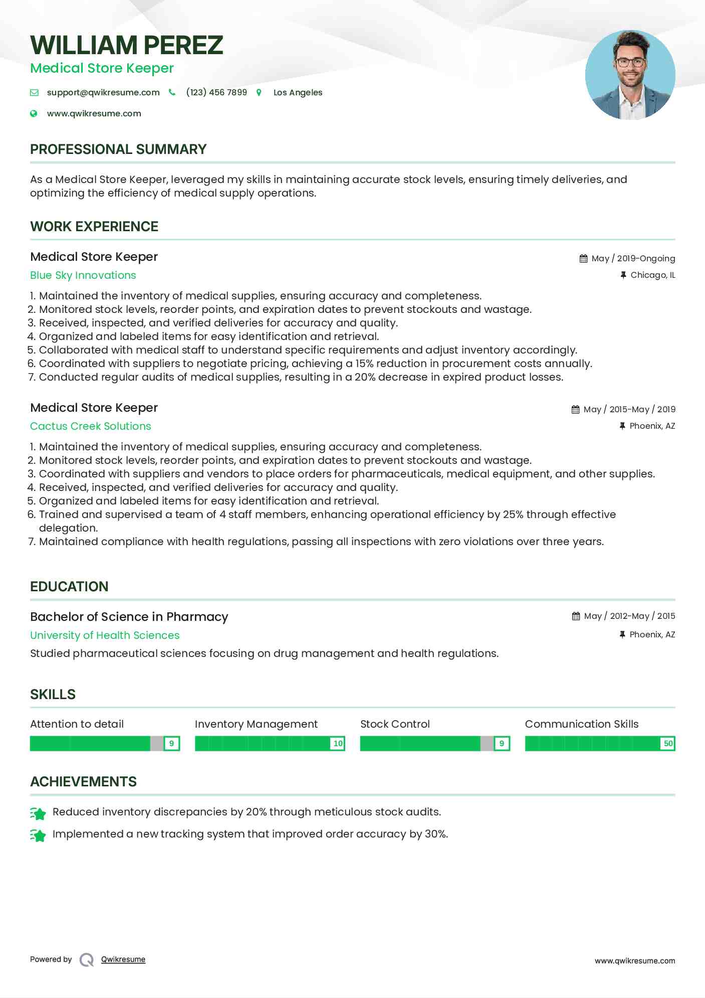 Medical Store Keeper Resume Template