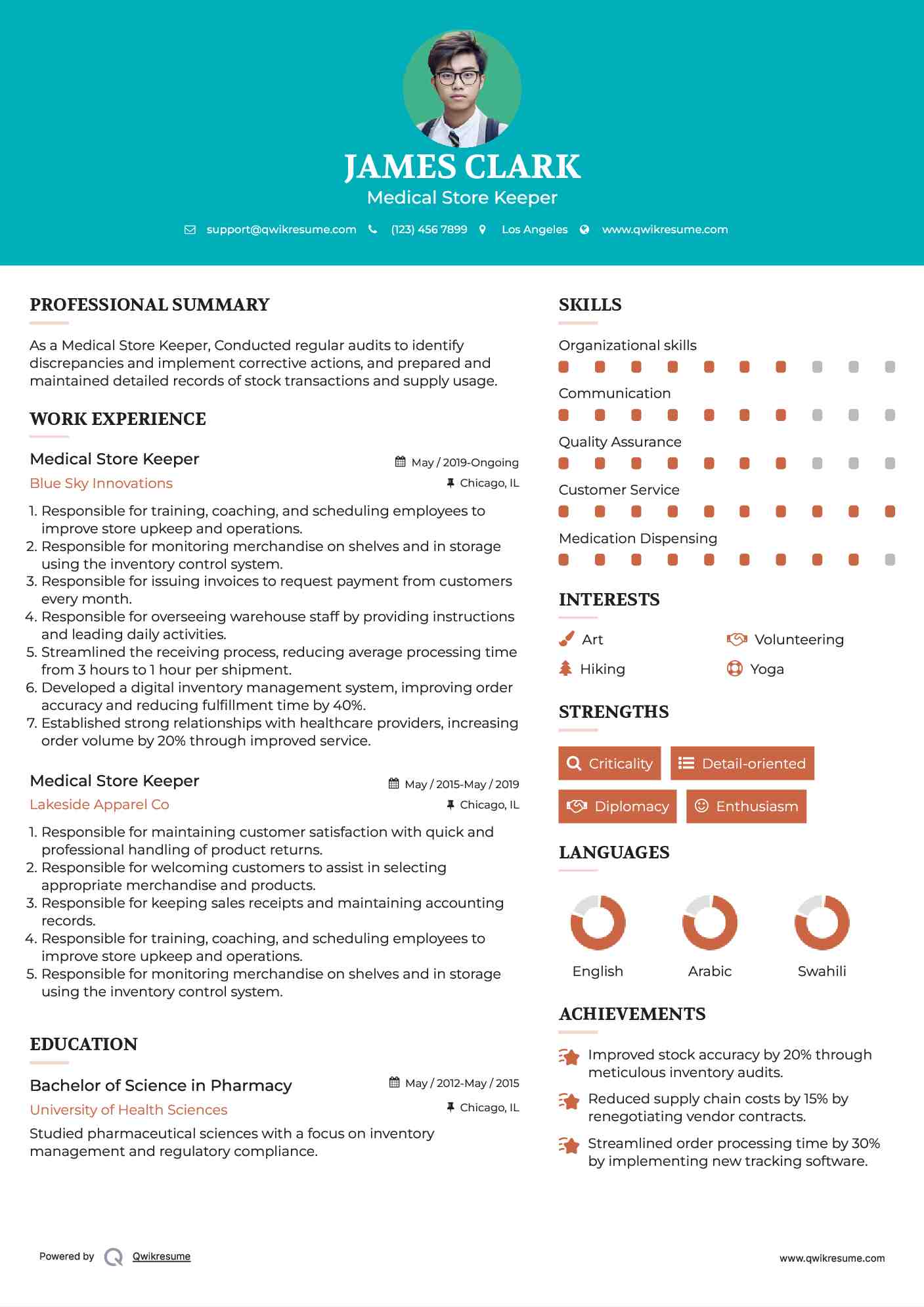 Medical Store Keeper Resume Template