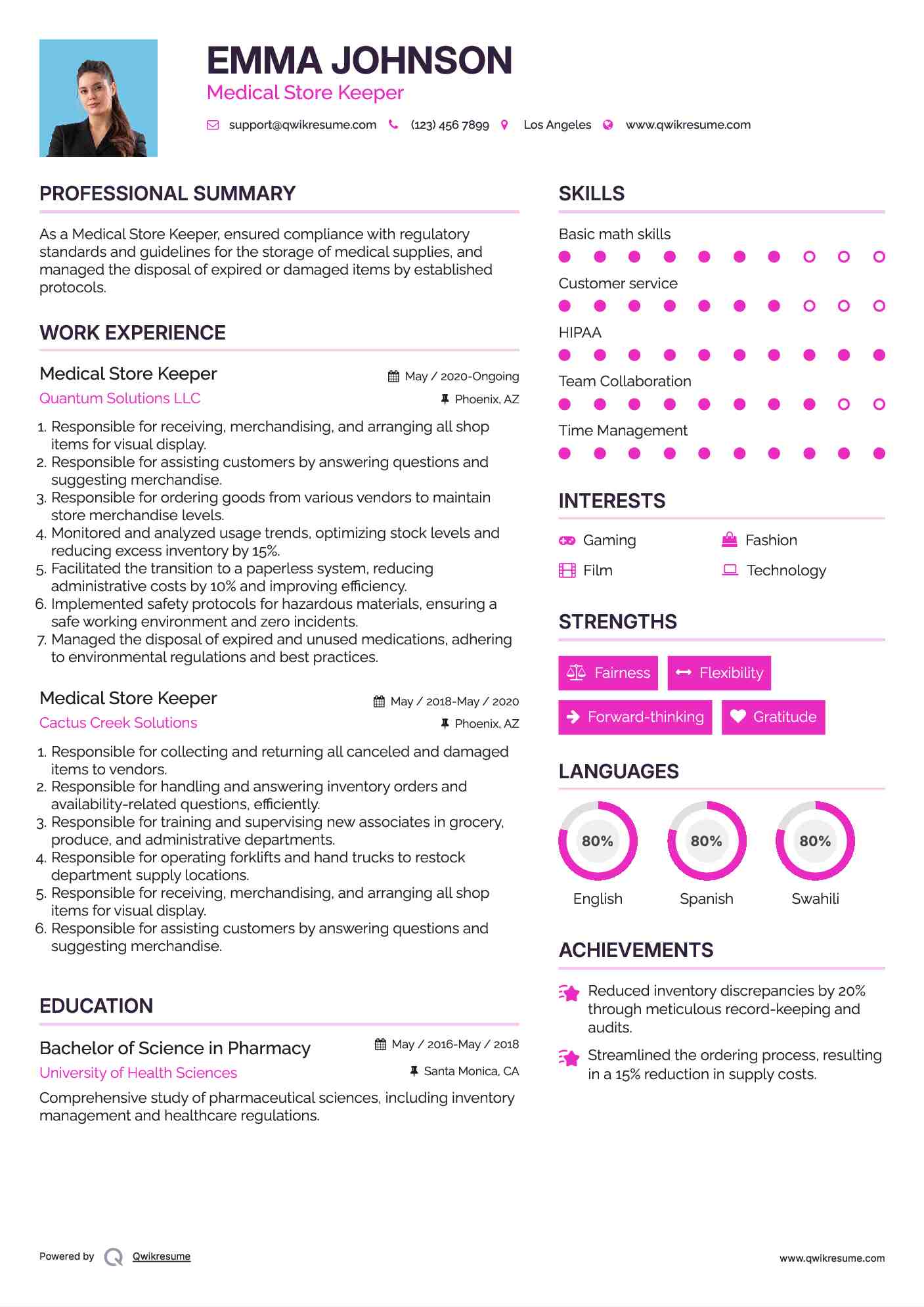 Medical Store Keeper Resume Format