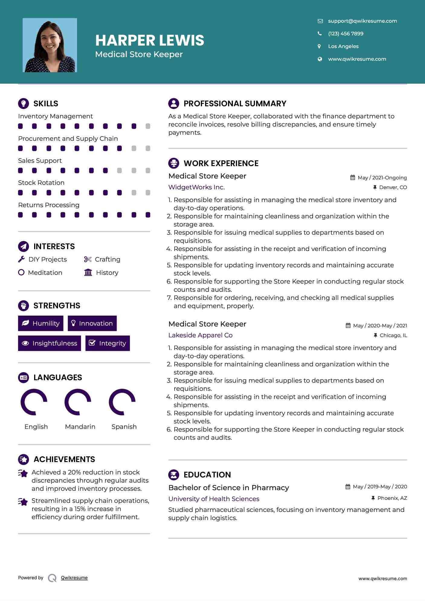 Medical Store Keeper Resume Sample