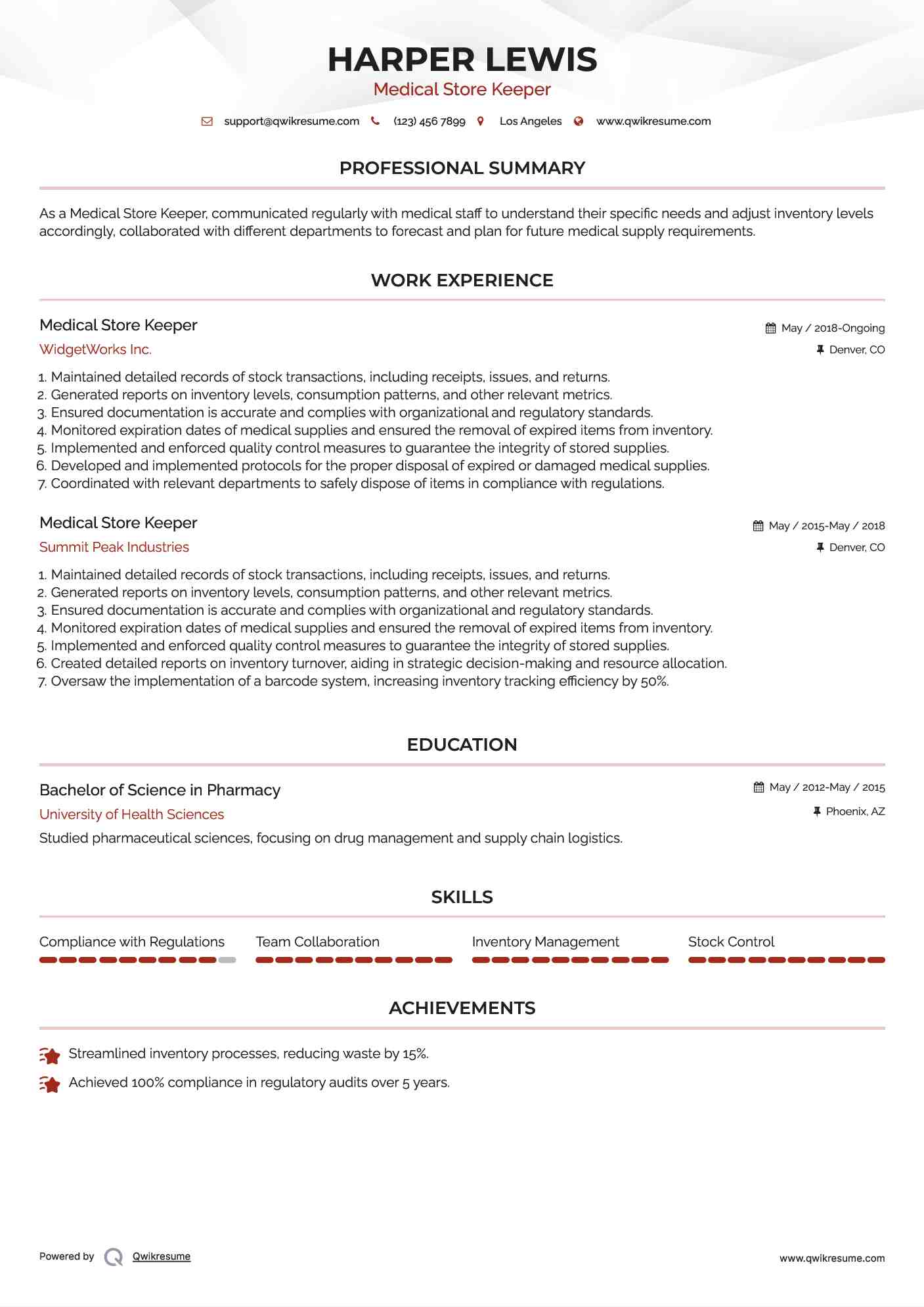 Medical Store Keeper Resume Model