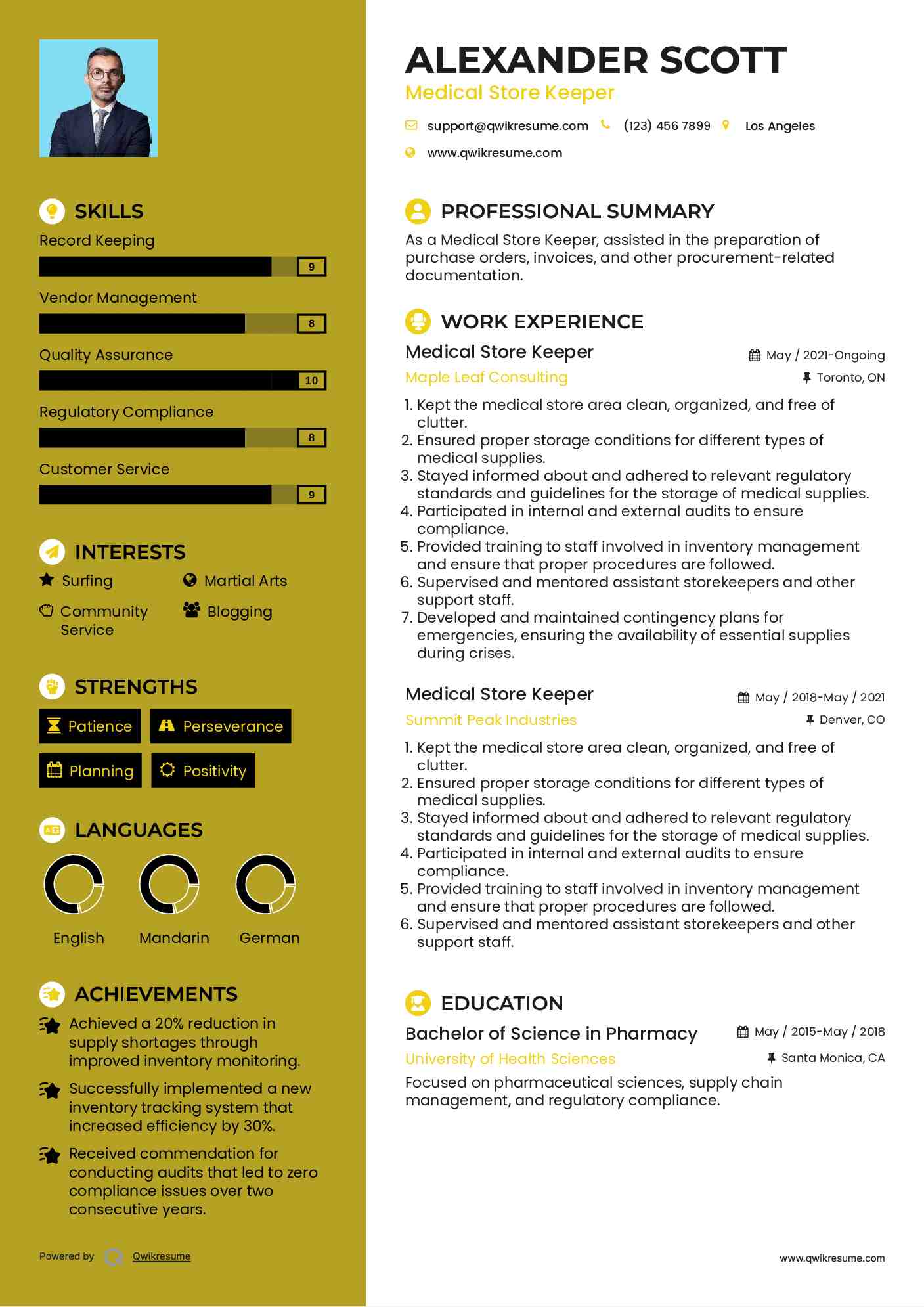 Medical Store Keeper Resume Model