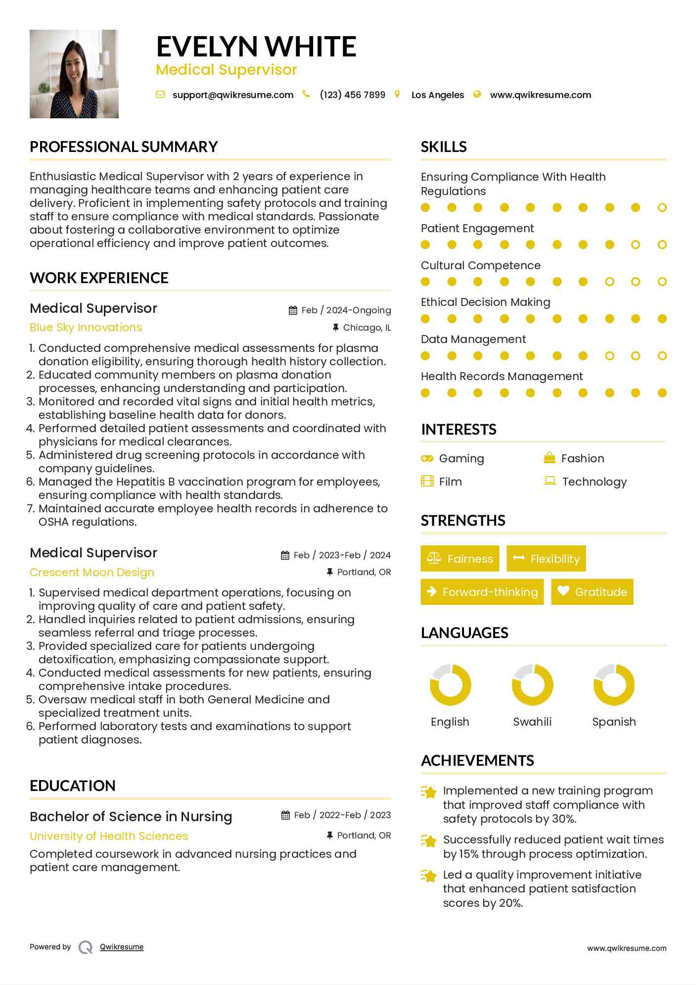 Medical Supervisor Resume Example