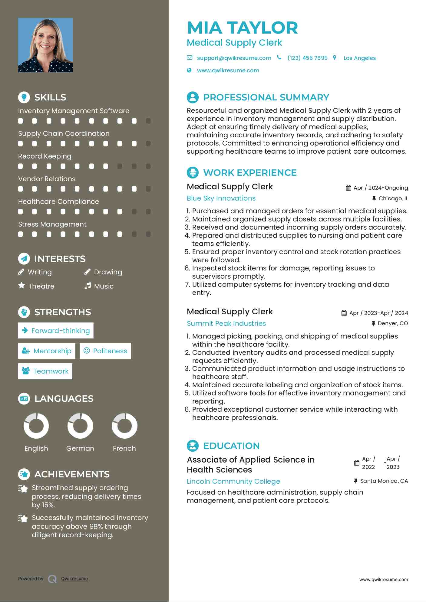 Medical Supply Clerk Resume Sample
