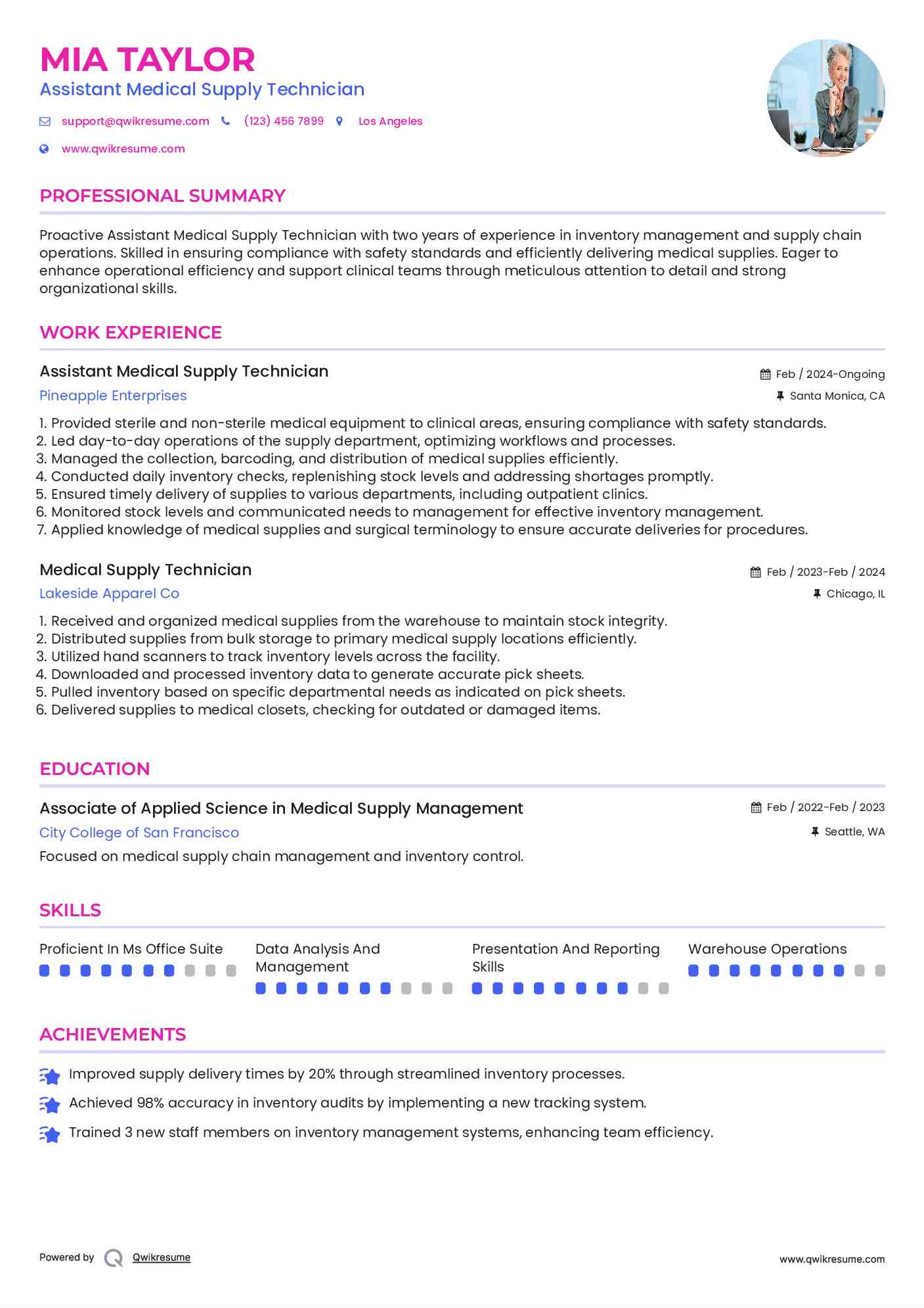 Assistant Medical Supply Technician  Resume Example
