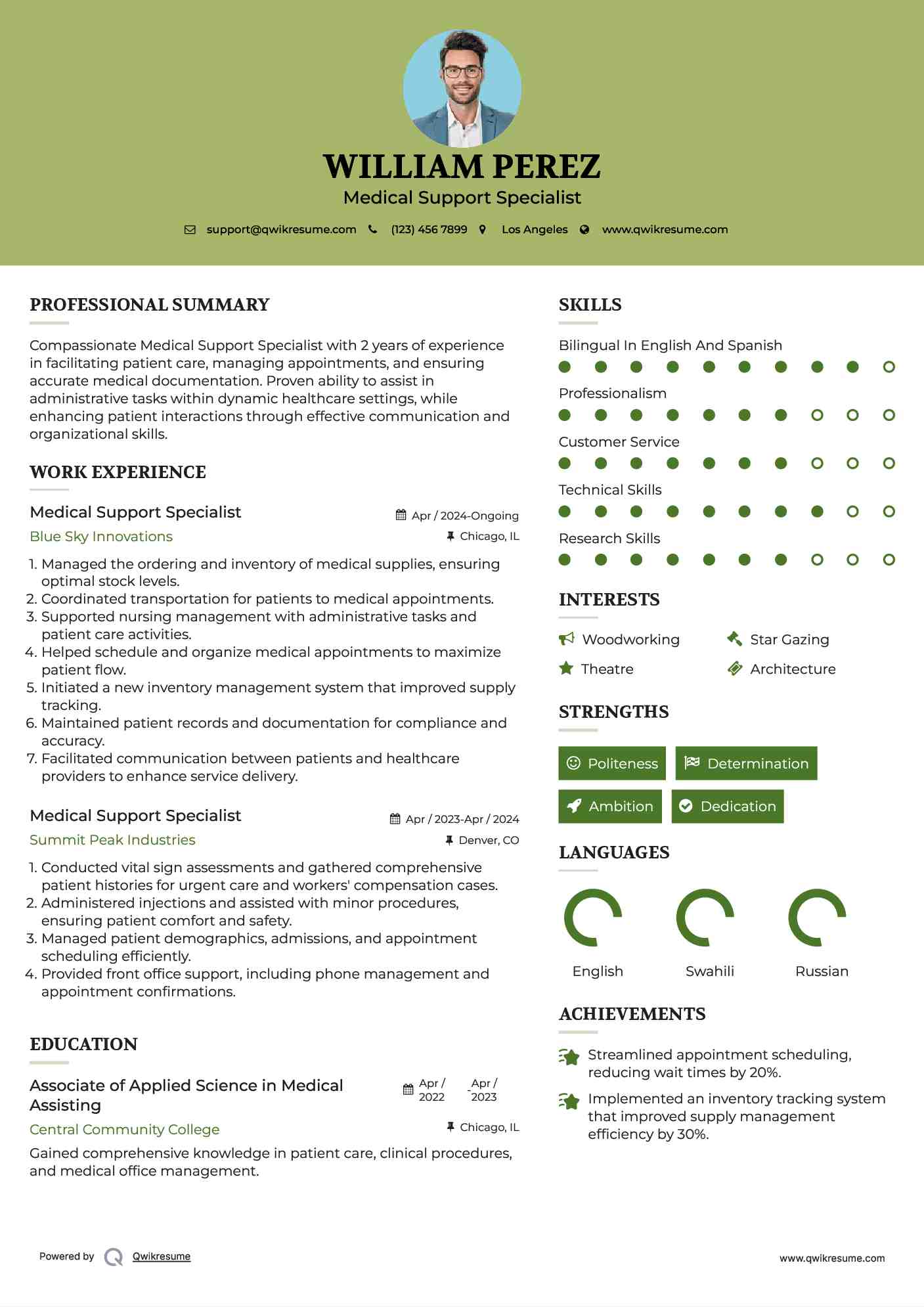 Medical Support Specialist Resume Example