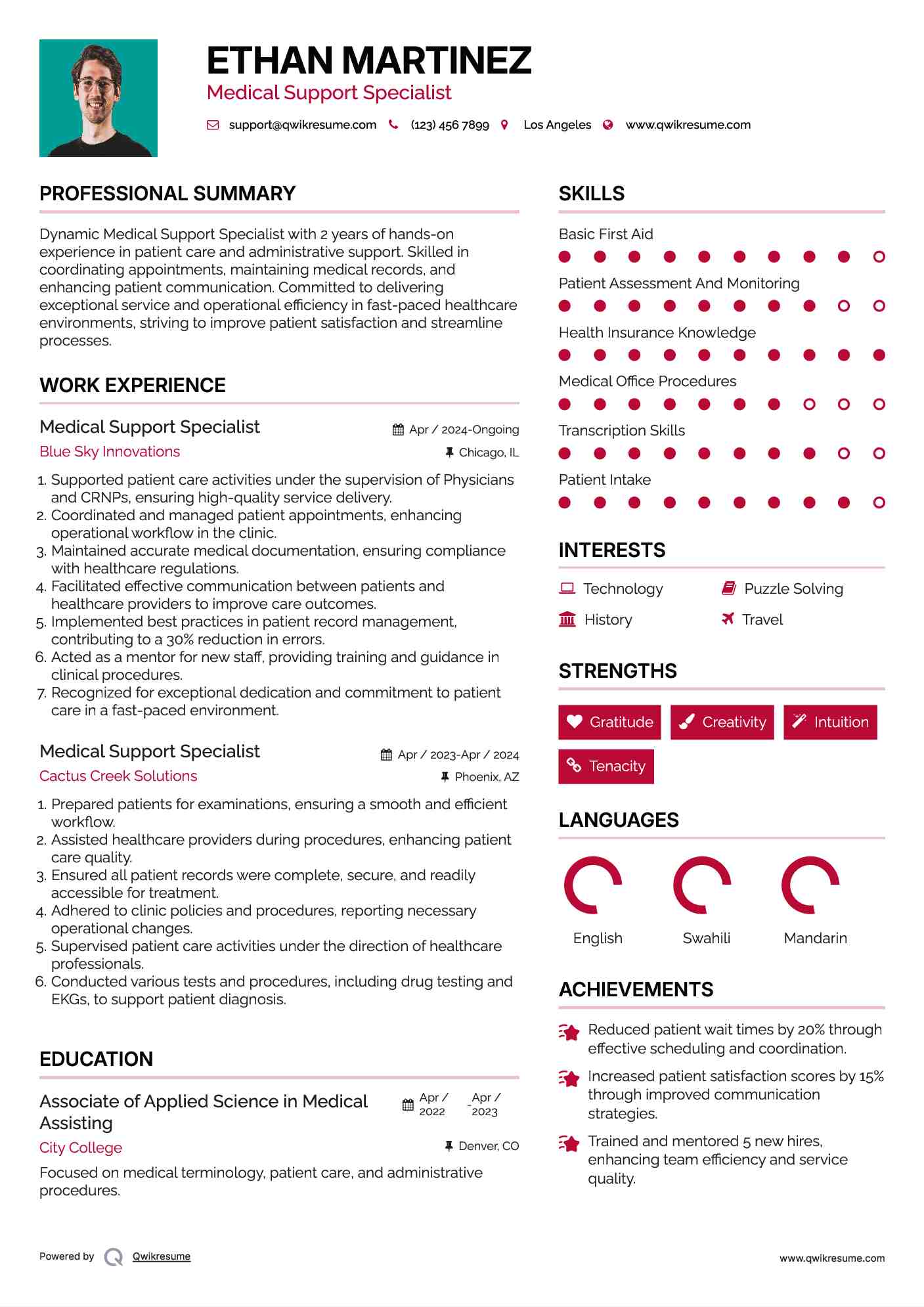 Medical Support Specialist Resume Model