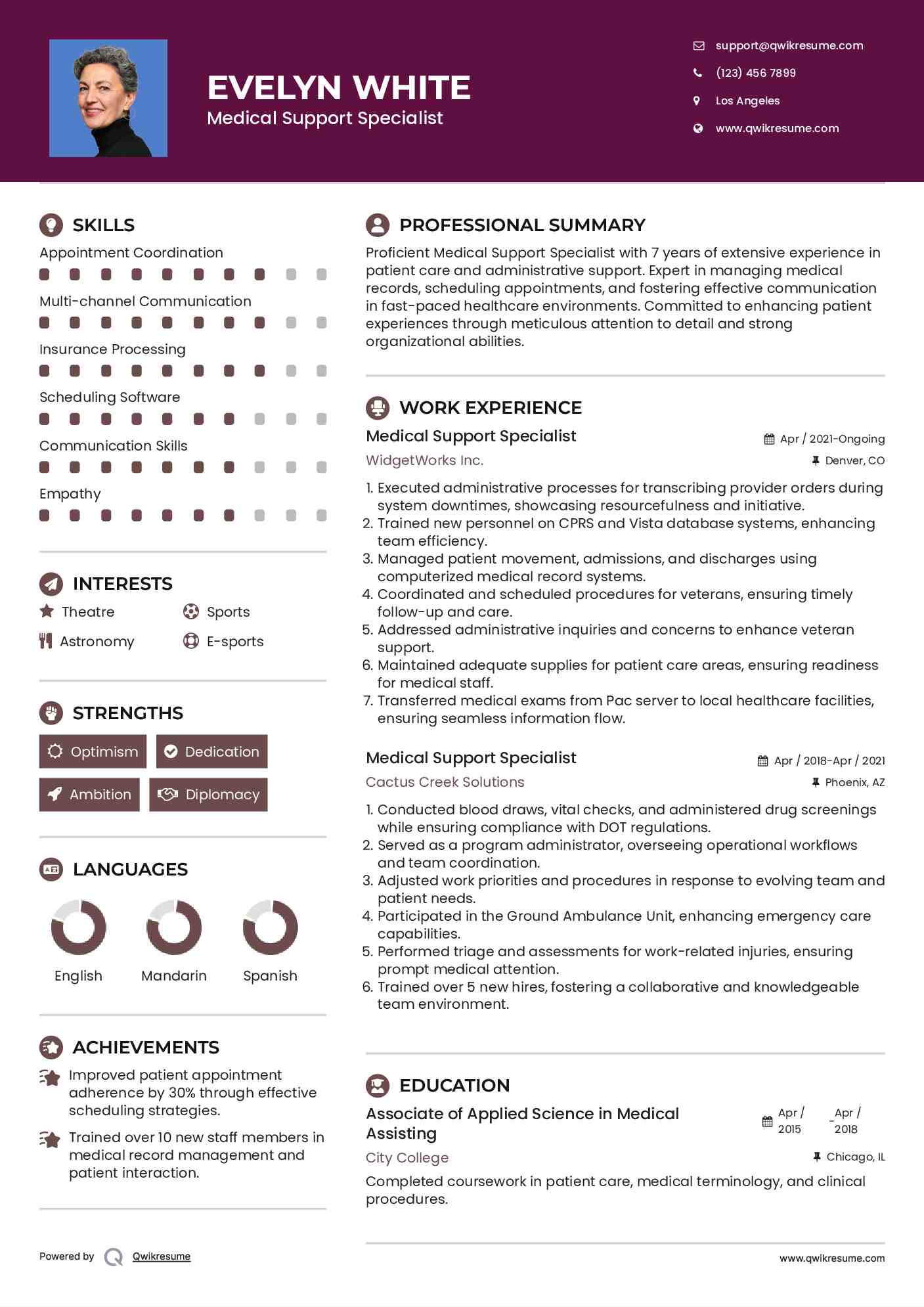 Medical Support Specialist Resume Template