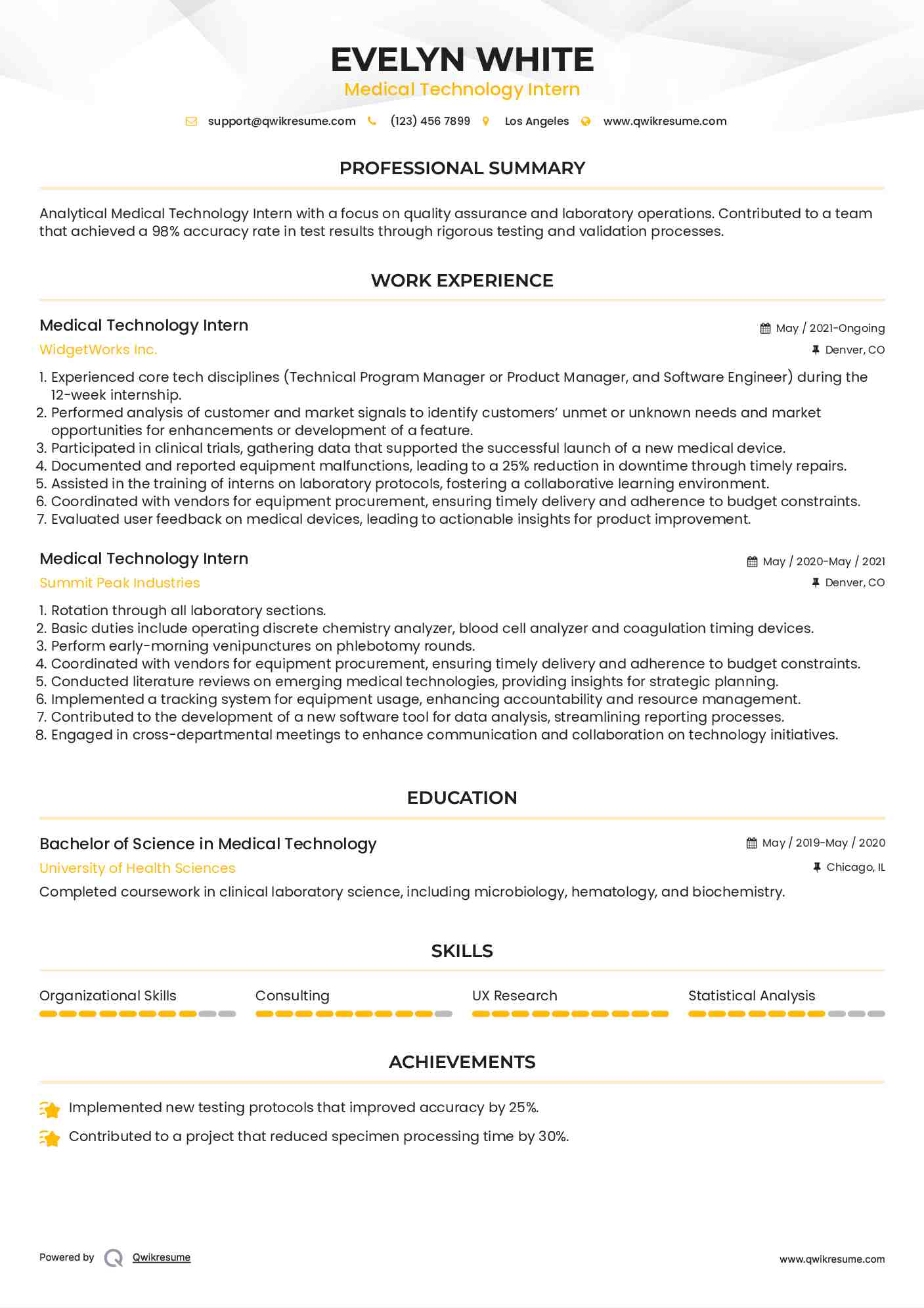 Medical Technology Intern Resume Example