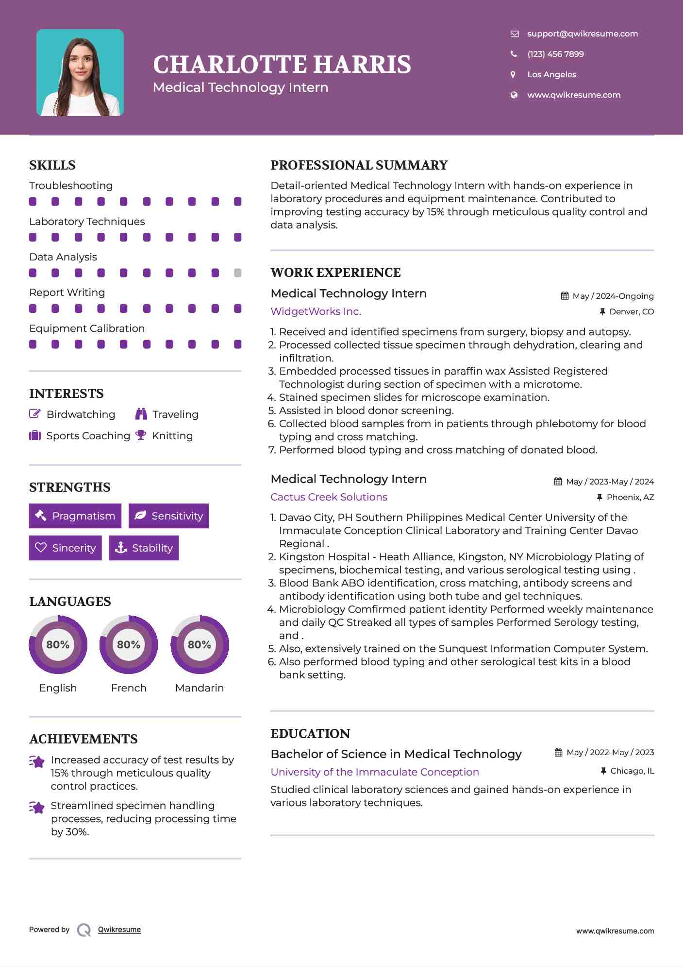 Medical Technology Intern Resume Model