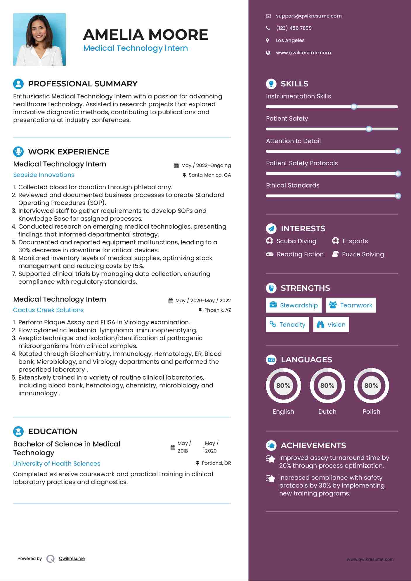 Medical Technology Intern Resume Template