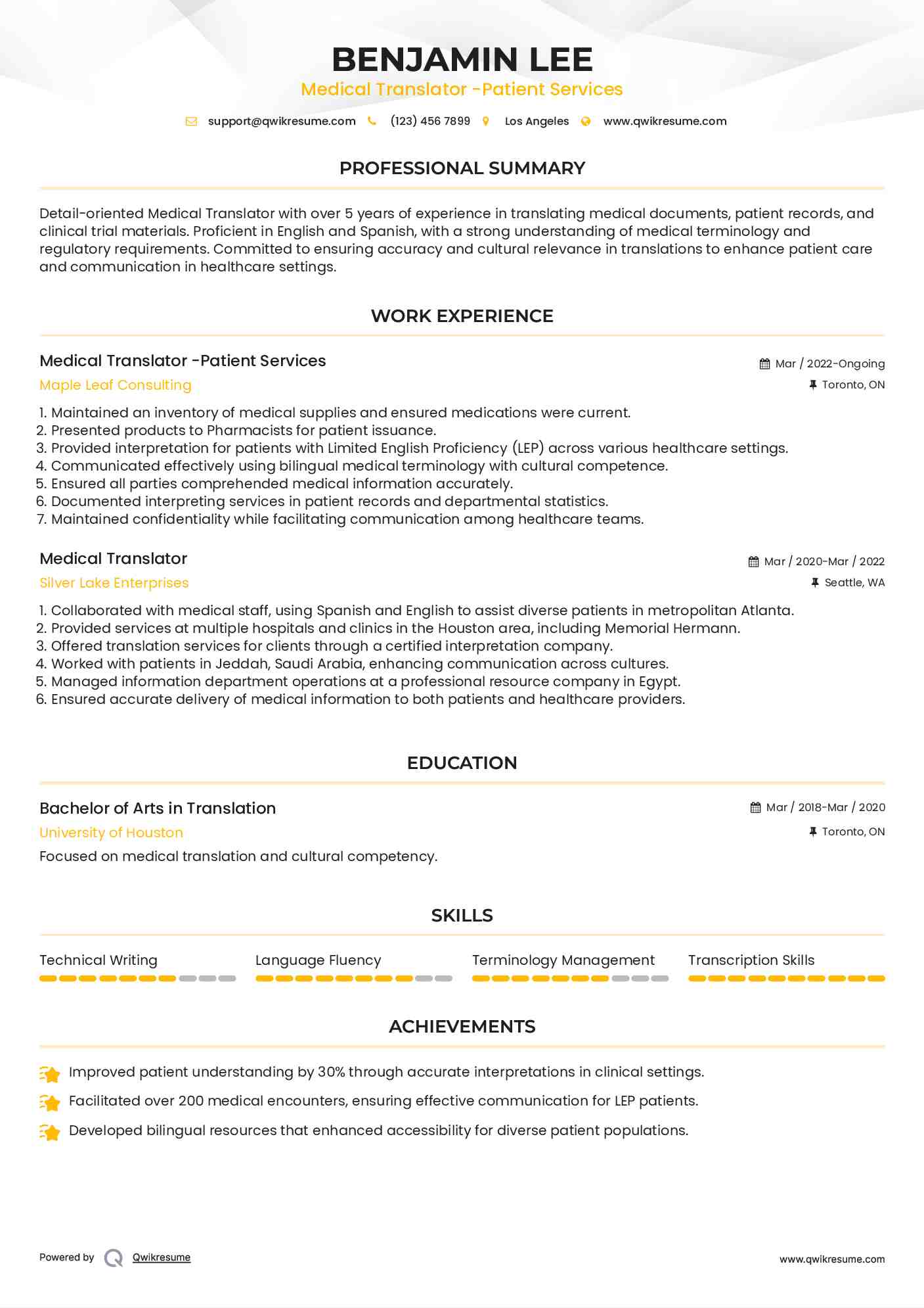 Medical Translator -Patient Services Resume Example