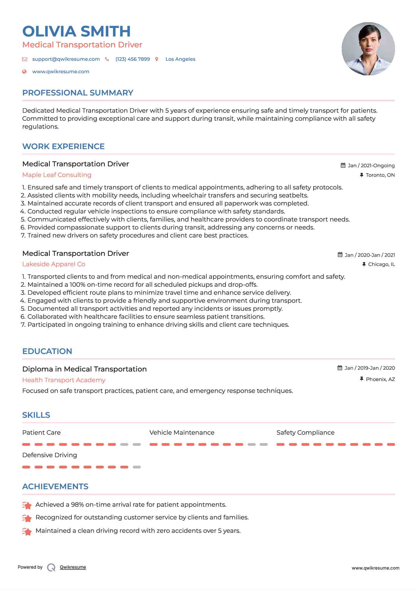 Medical Transportation Driver Resume Example