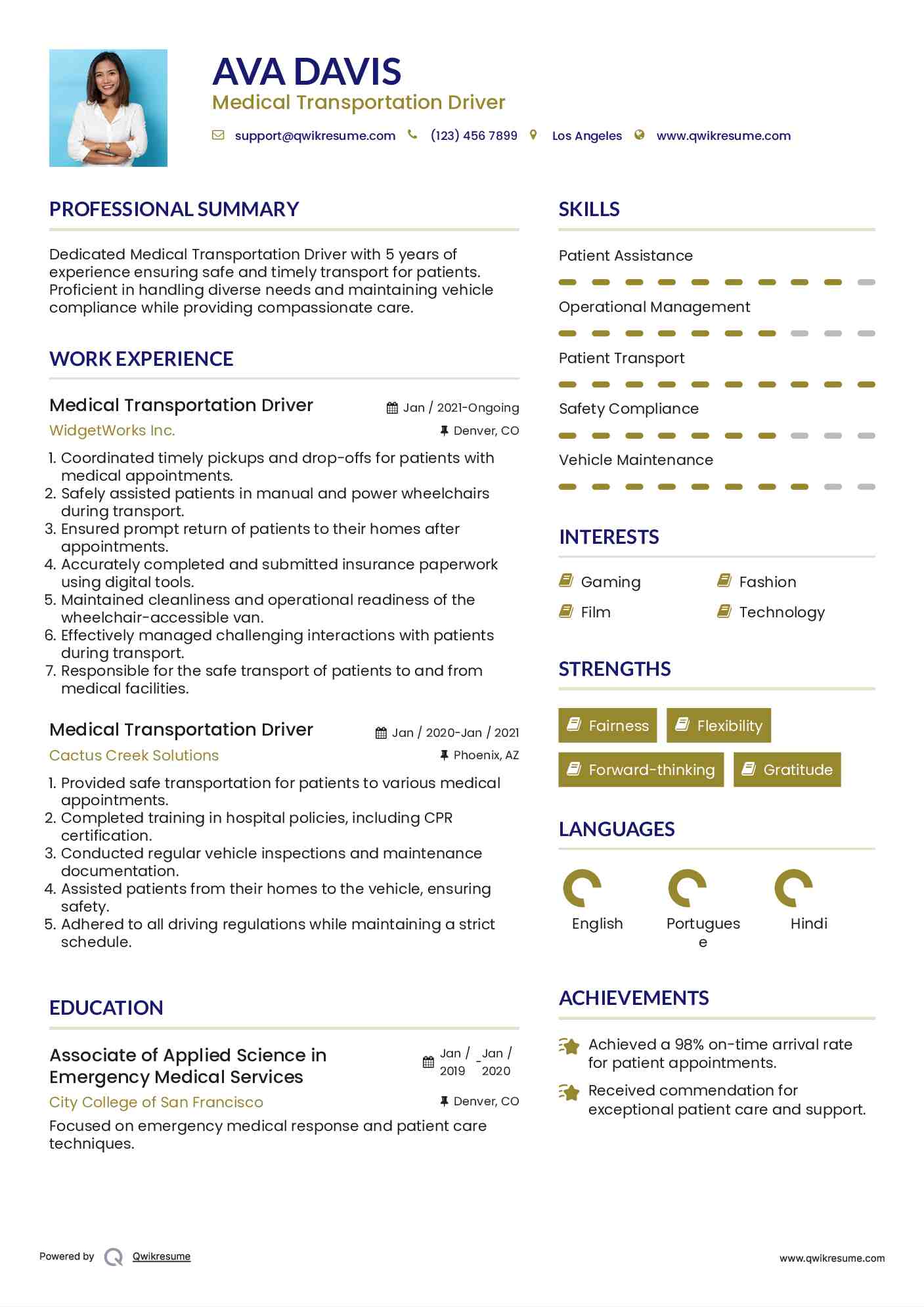 Medical Transportation Driver Resume Samples QwikResume