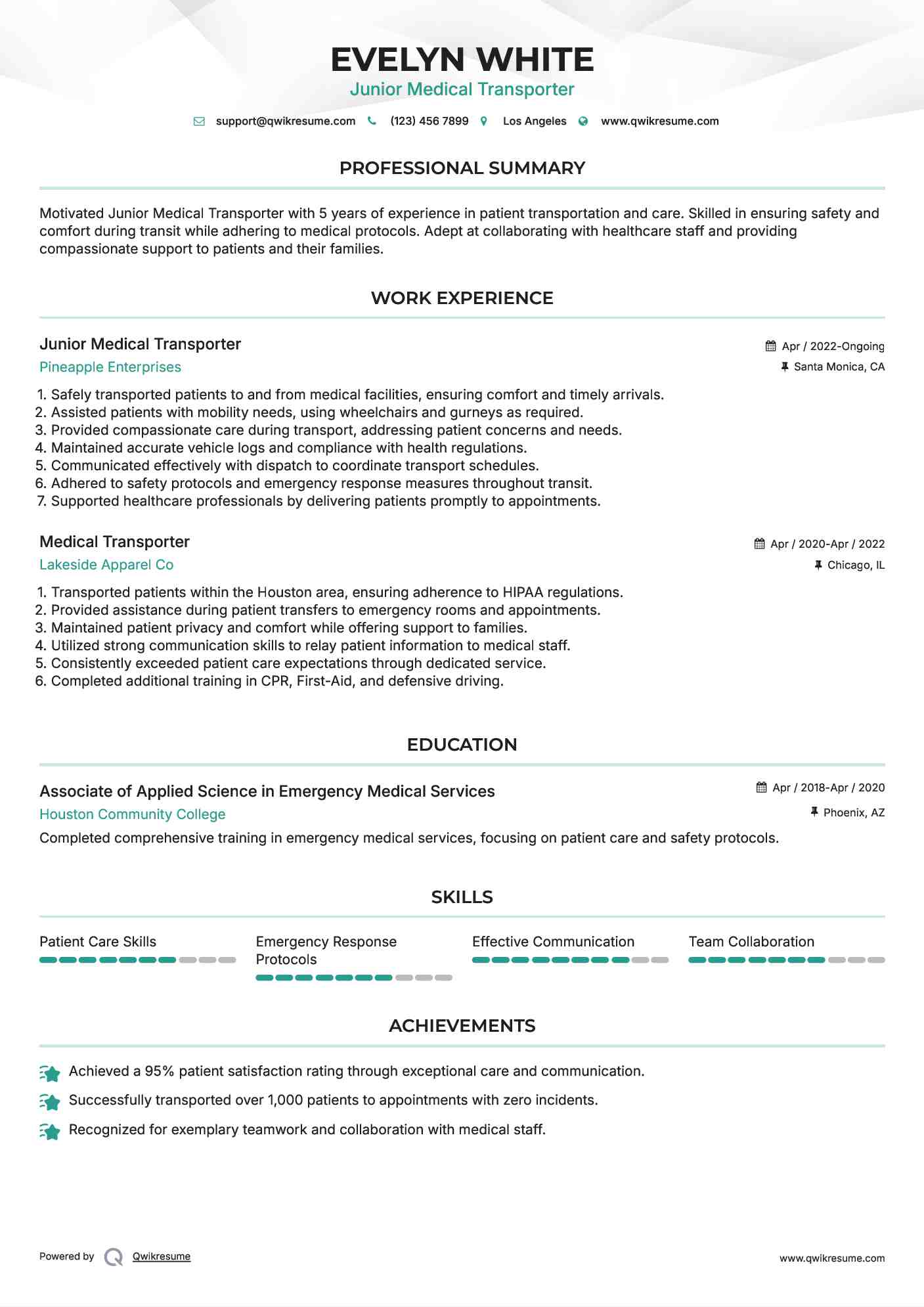 Junior Medical Transporter Resume Template