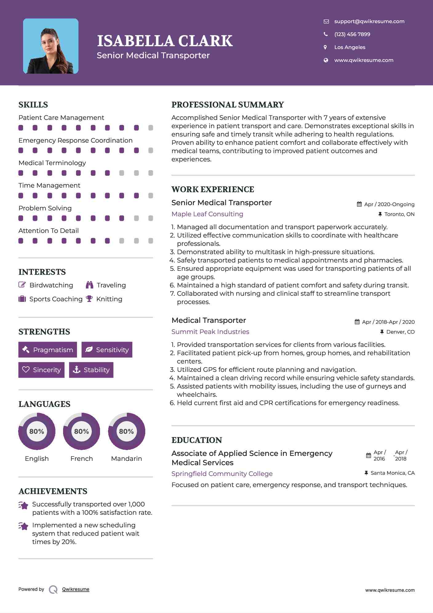 Senior Medical Transporter Resume Example