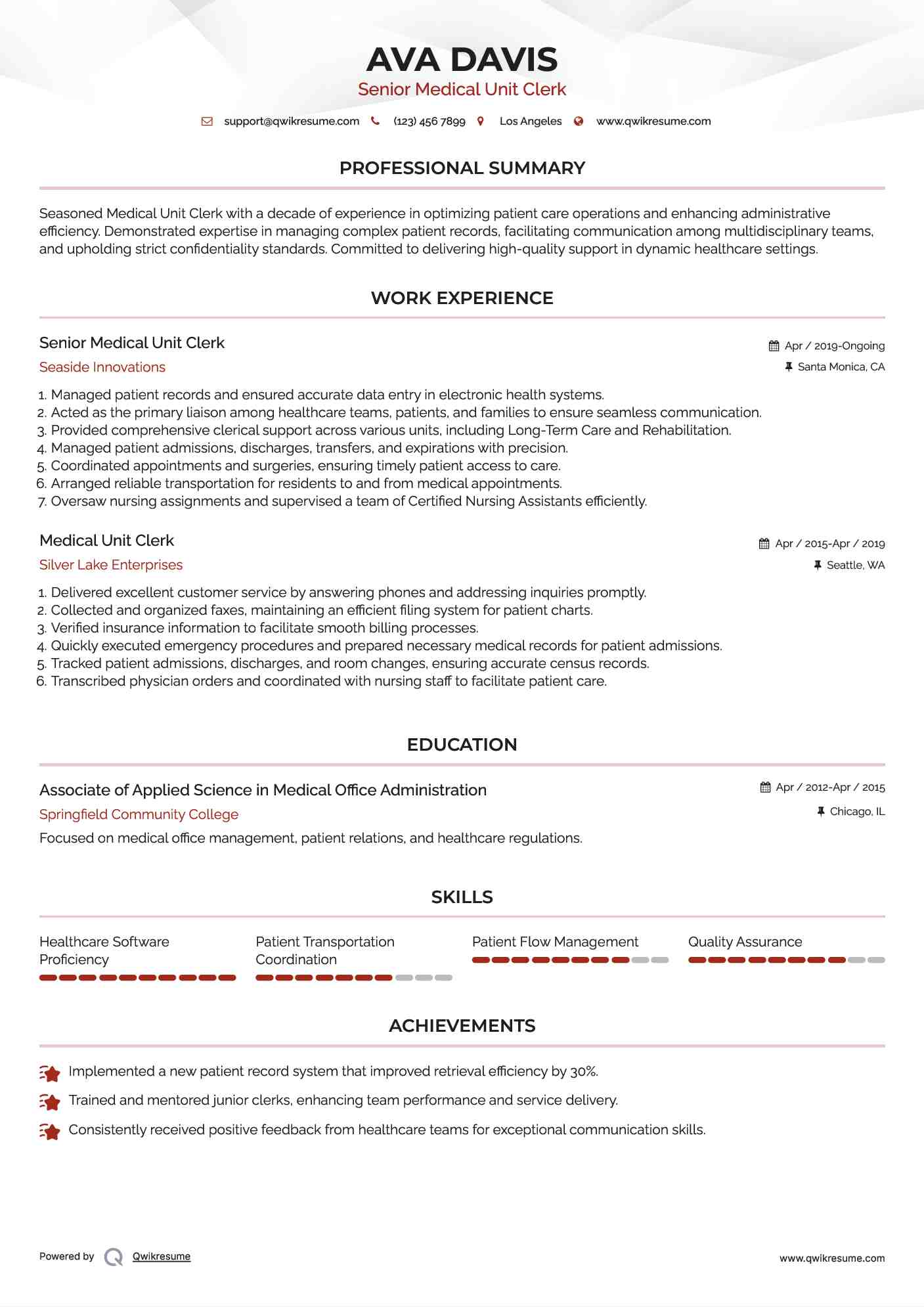 Medical Unit Clerk Resume Samples QwikResume