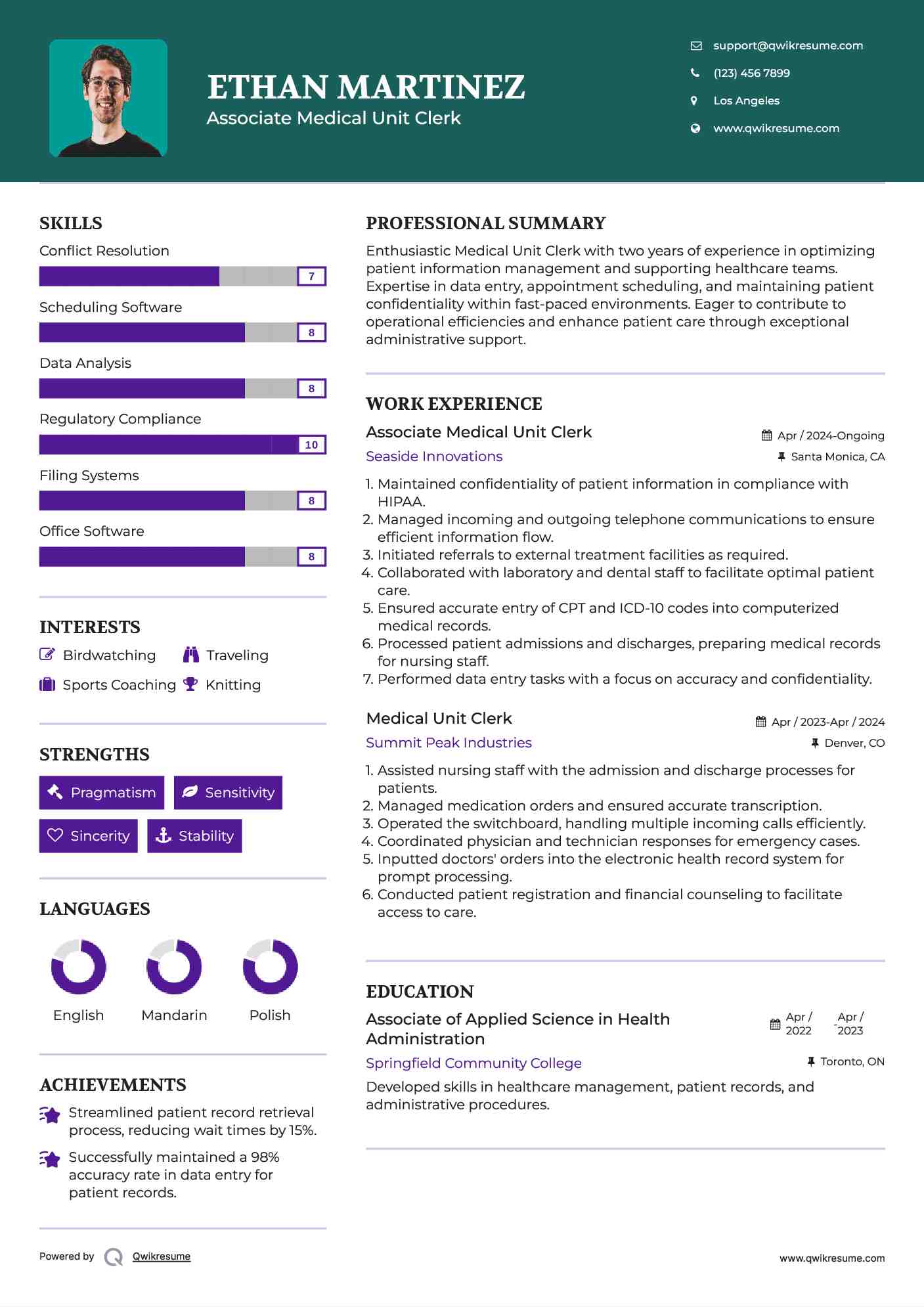 Medical Unit Clerk Resume Samples QwikResume