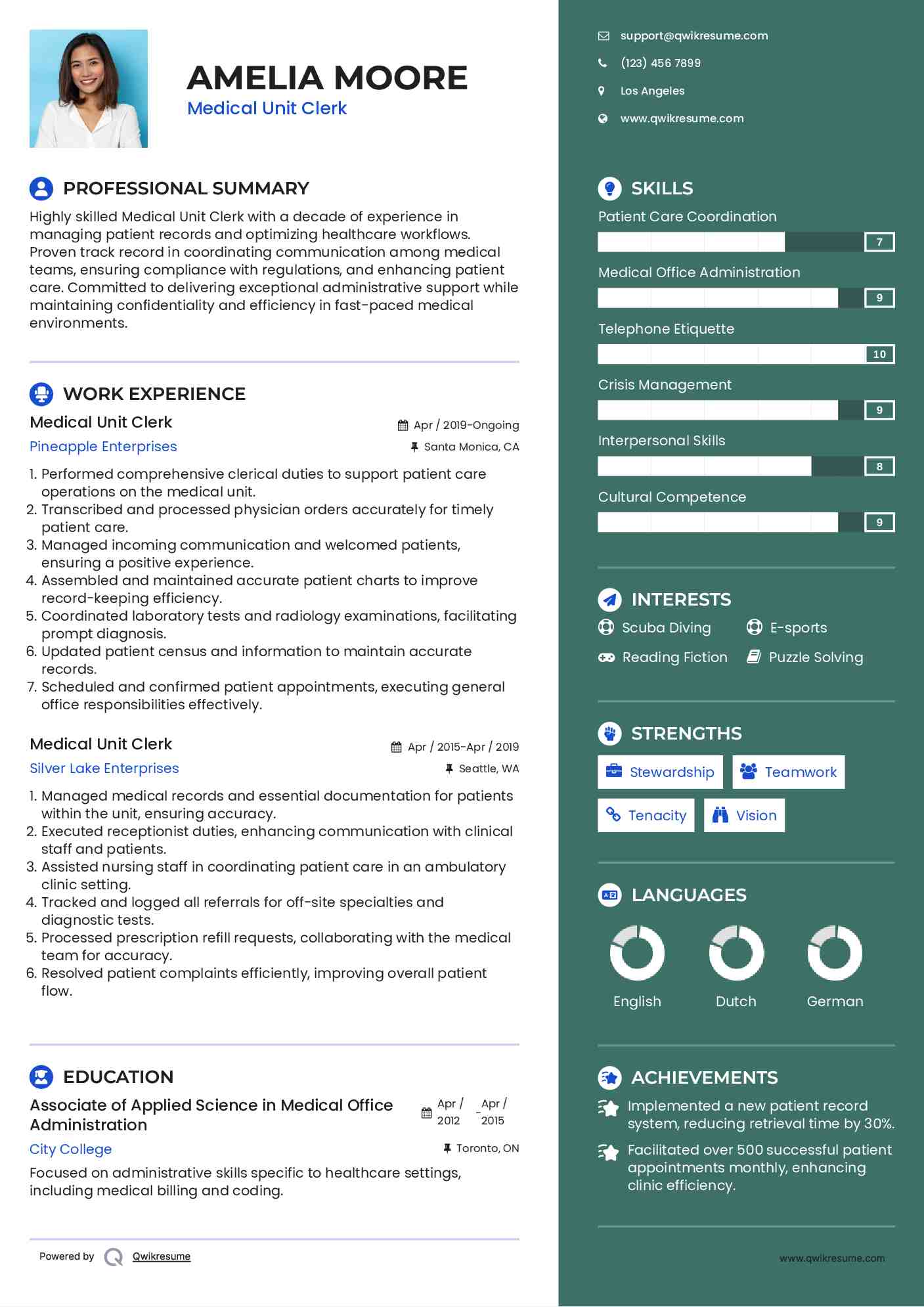 Medical Unit Clerk Resume Samples QwikResume