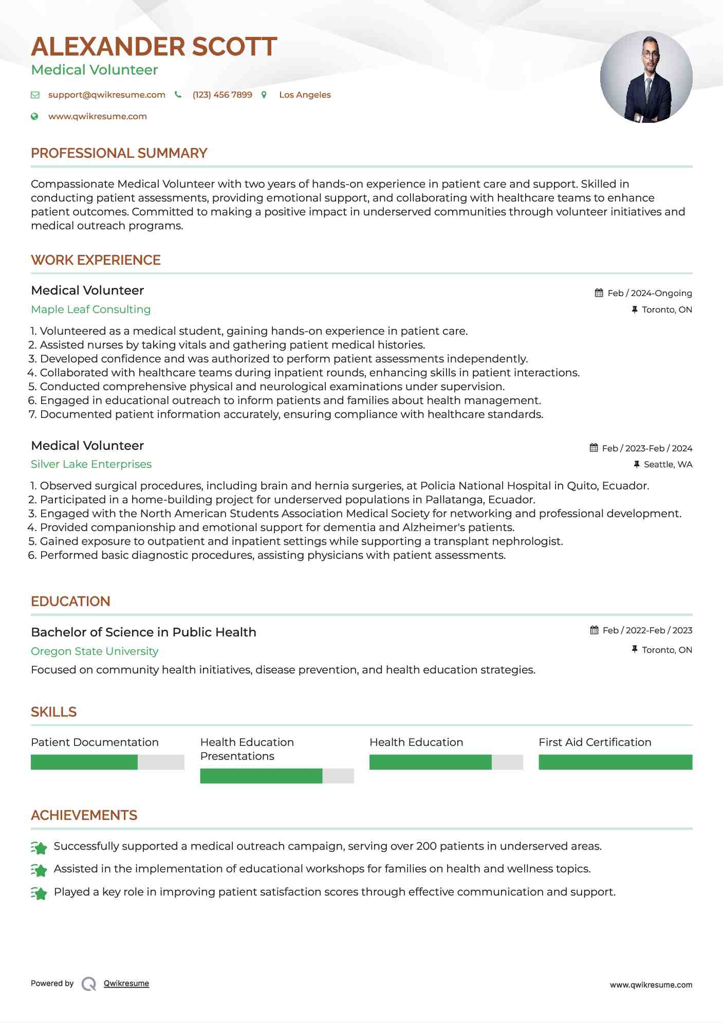 Medical Volunteer Resume Sample
