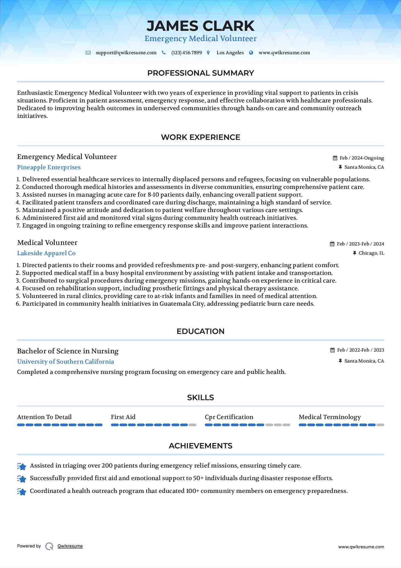 Emergency Medical Volunteer
 Resume Example