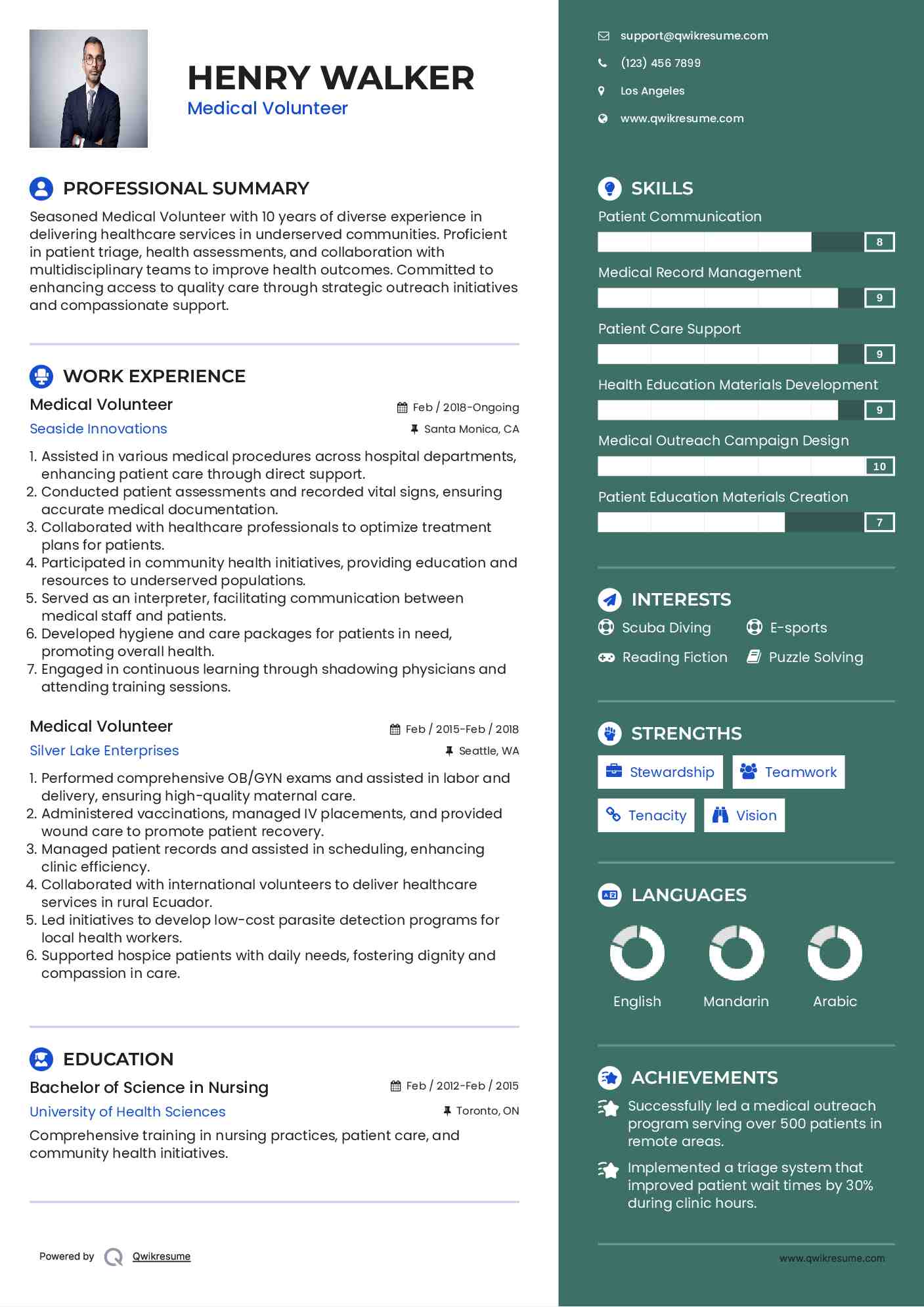 Medical Volunteer Resume Example
