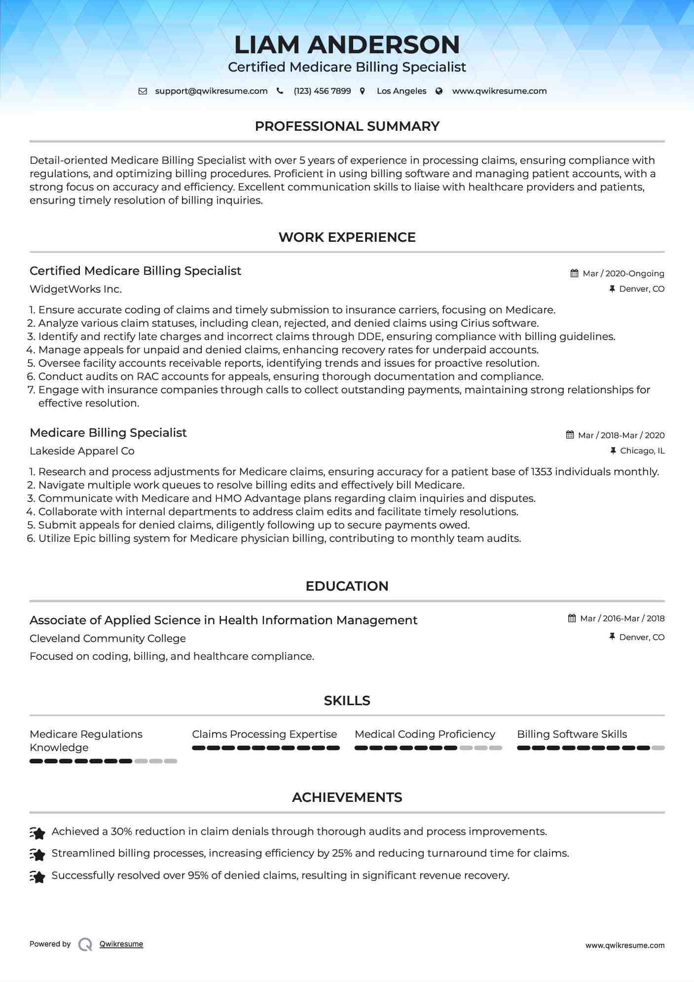 Certified Medicare Billing Specialist Resume Example