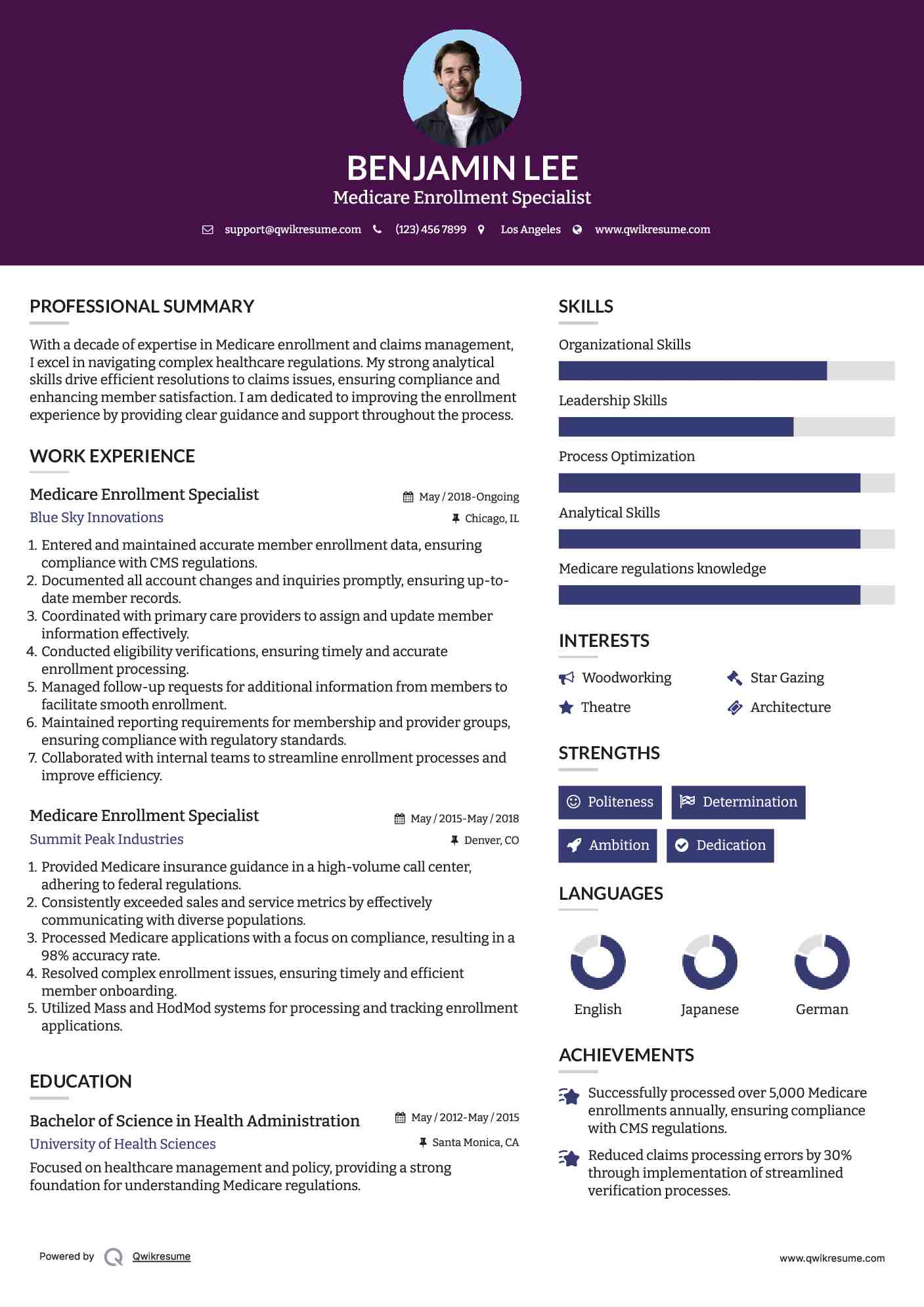 Medicare Enrollment Specialist Resume Example
