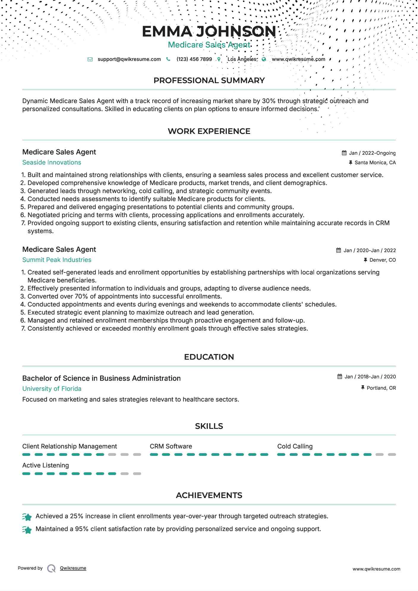 Medicare Sales Agent Resume Model
