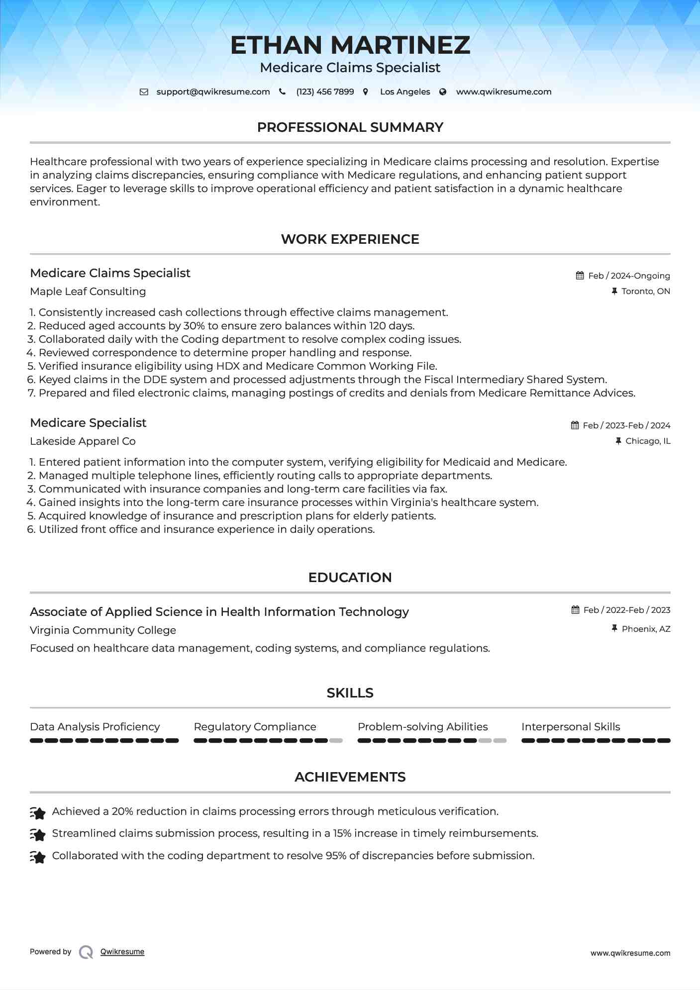 Medicare Claims Specialist Resume Sample