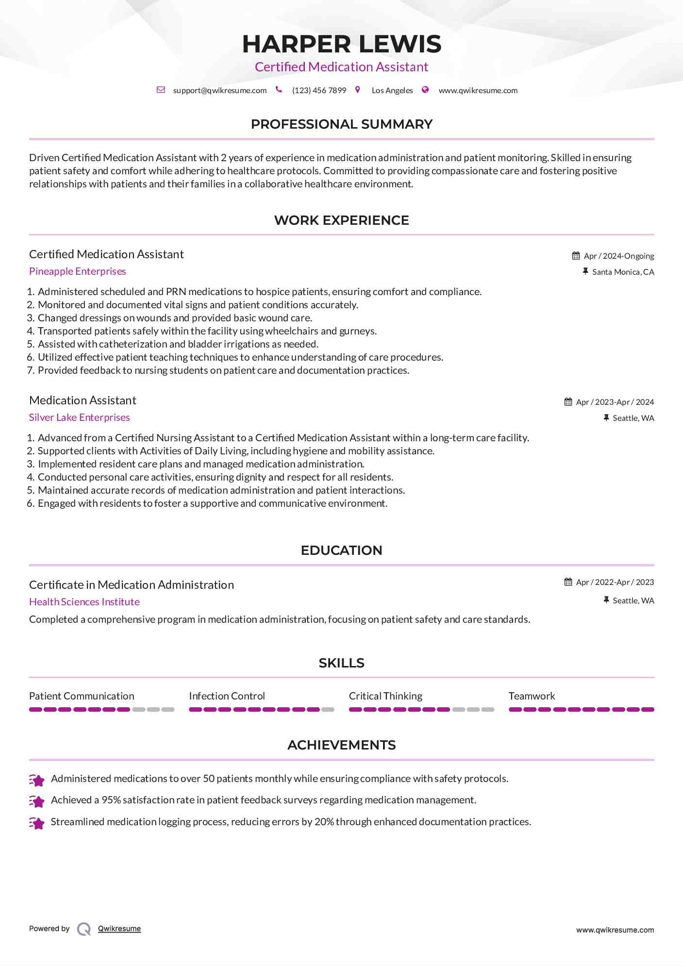 Certified Medication Assistant Resume Format