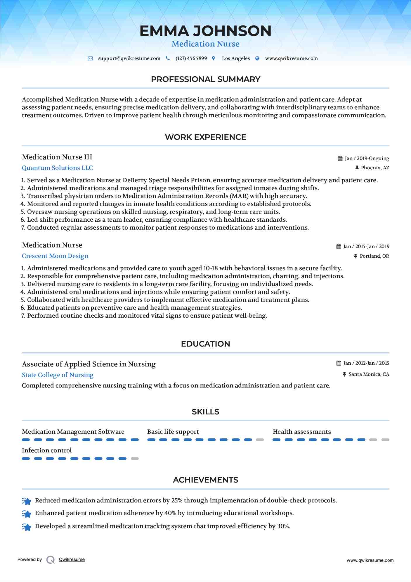Medication Nurse III Resume Example