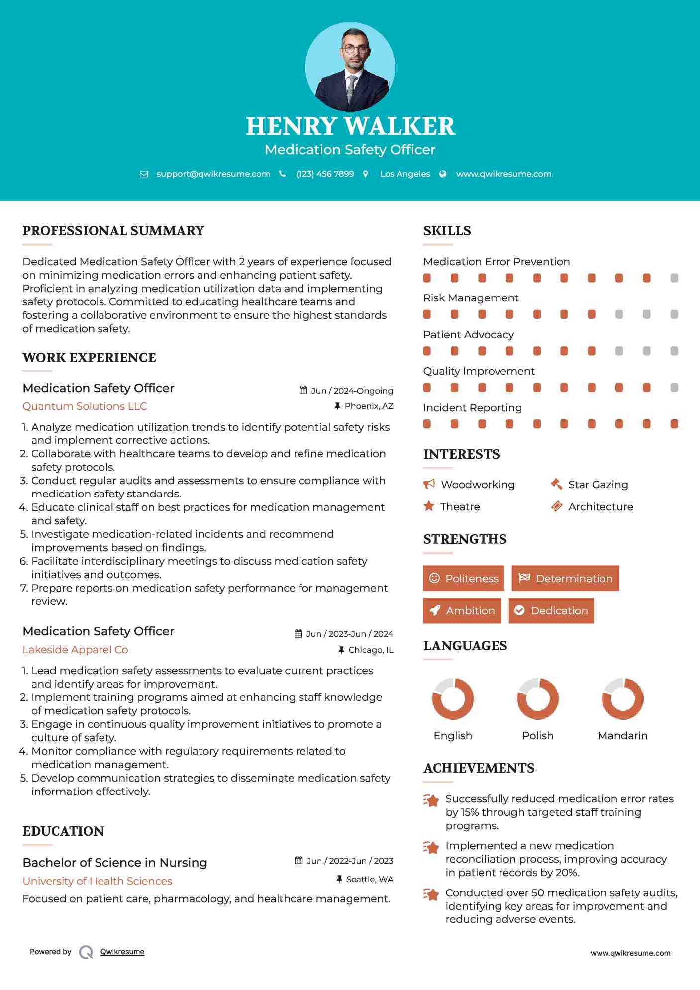 Medication Safety Officer Resume Example