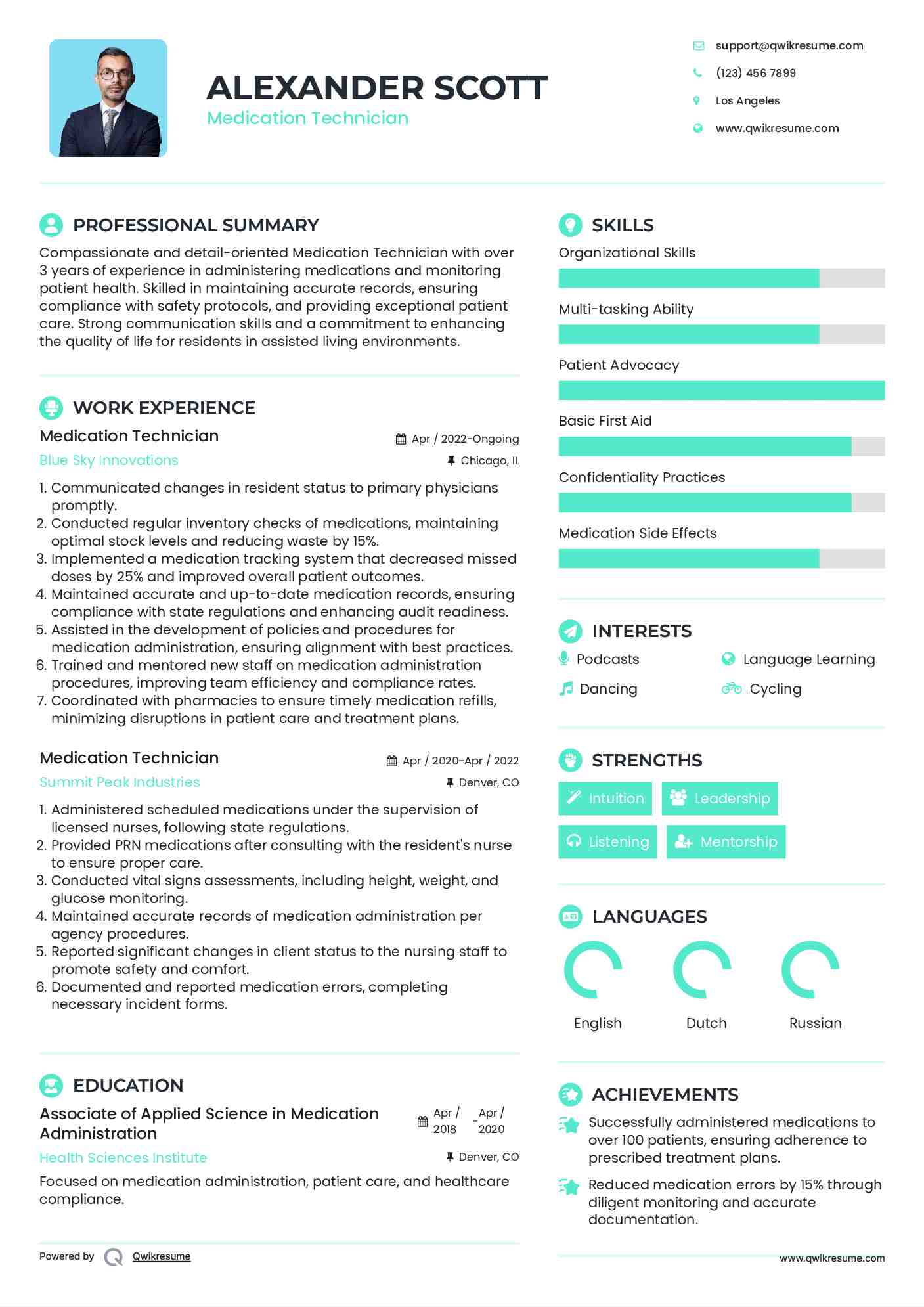 Medication Technician Resume Sample