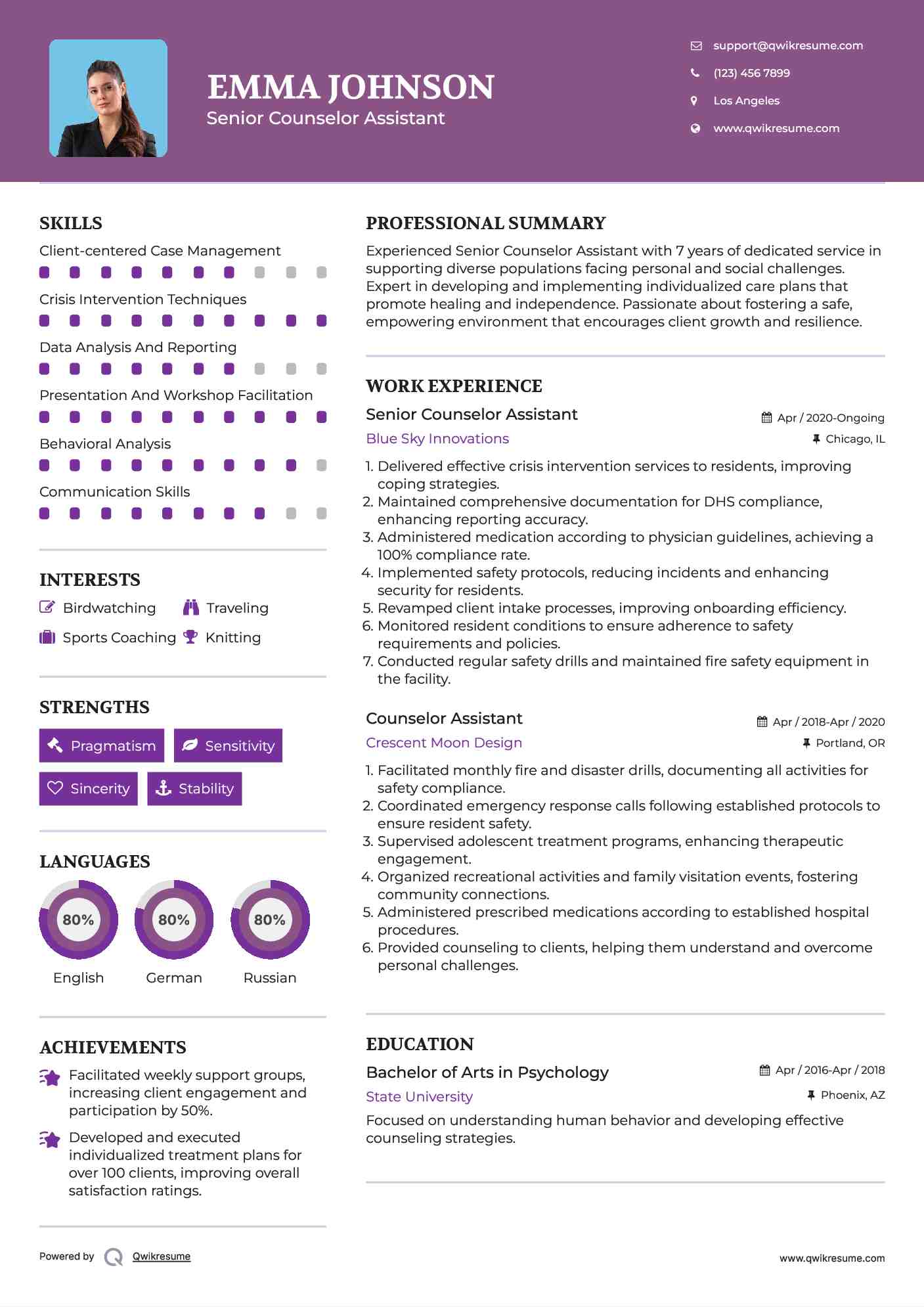 Senior Counselor Assistant Resume Sample