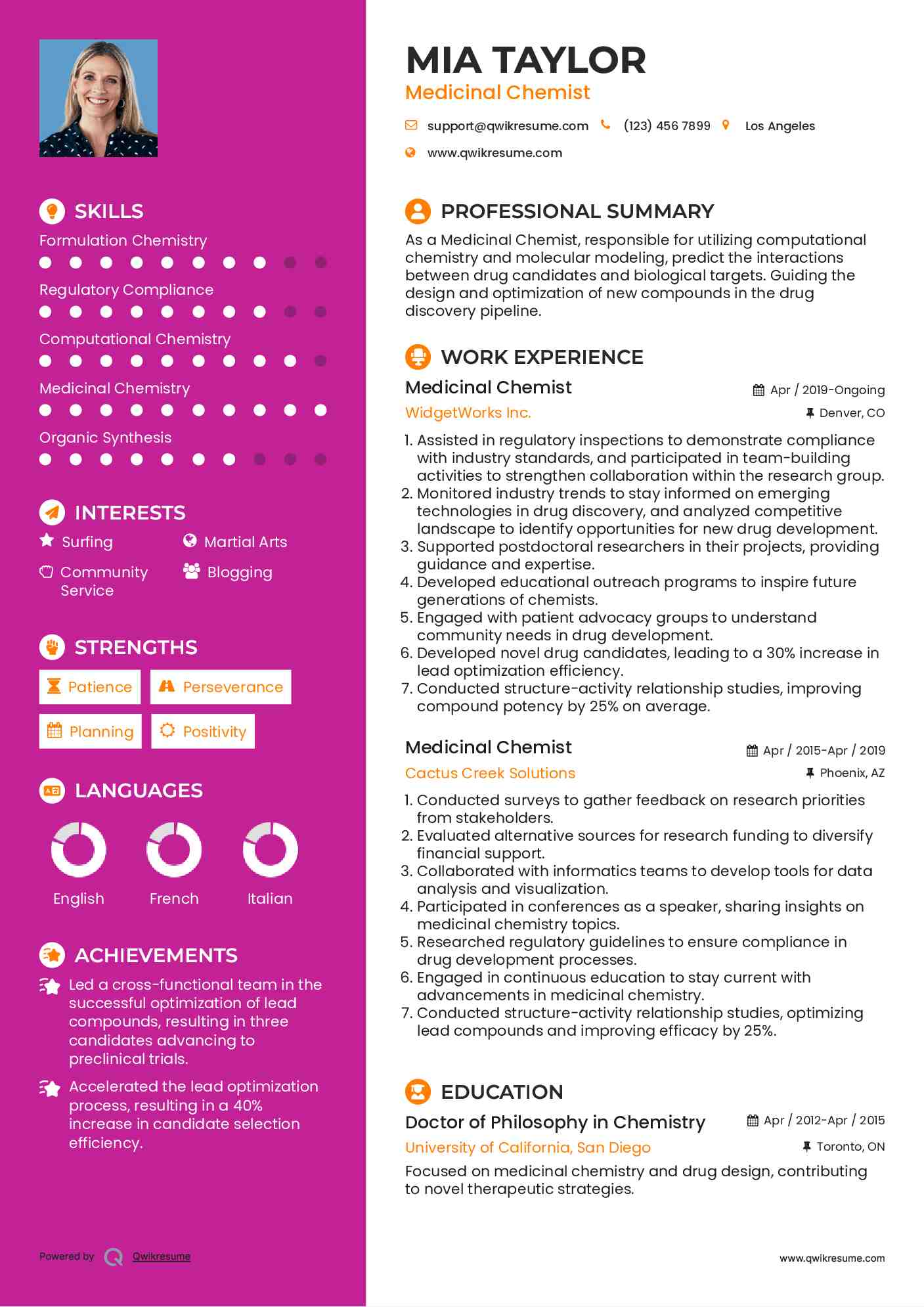 Medicinal Chemist Resume Model
