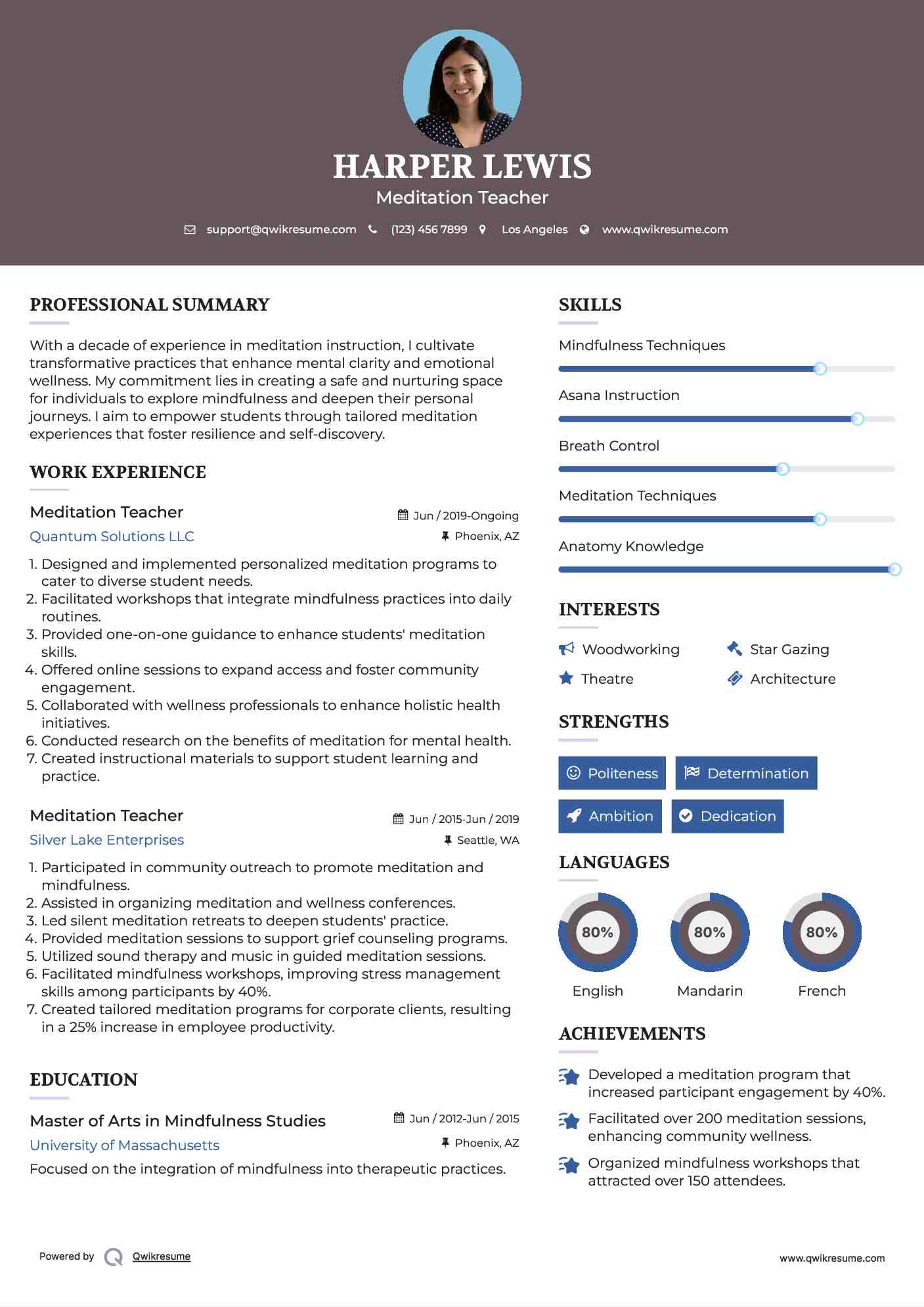 Meditation Teacher Resume Format