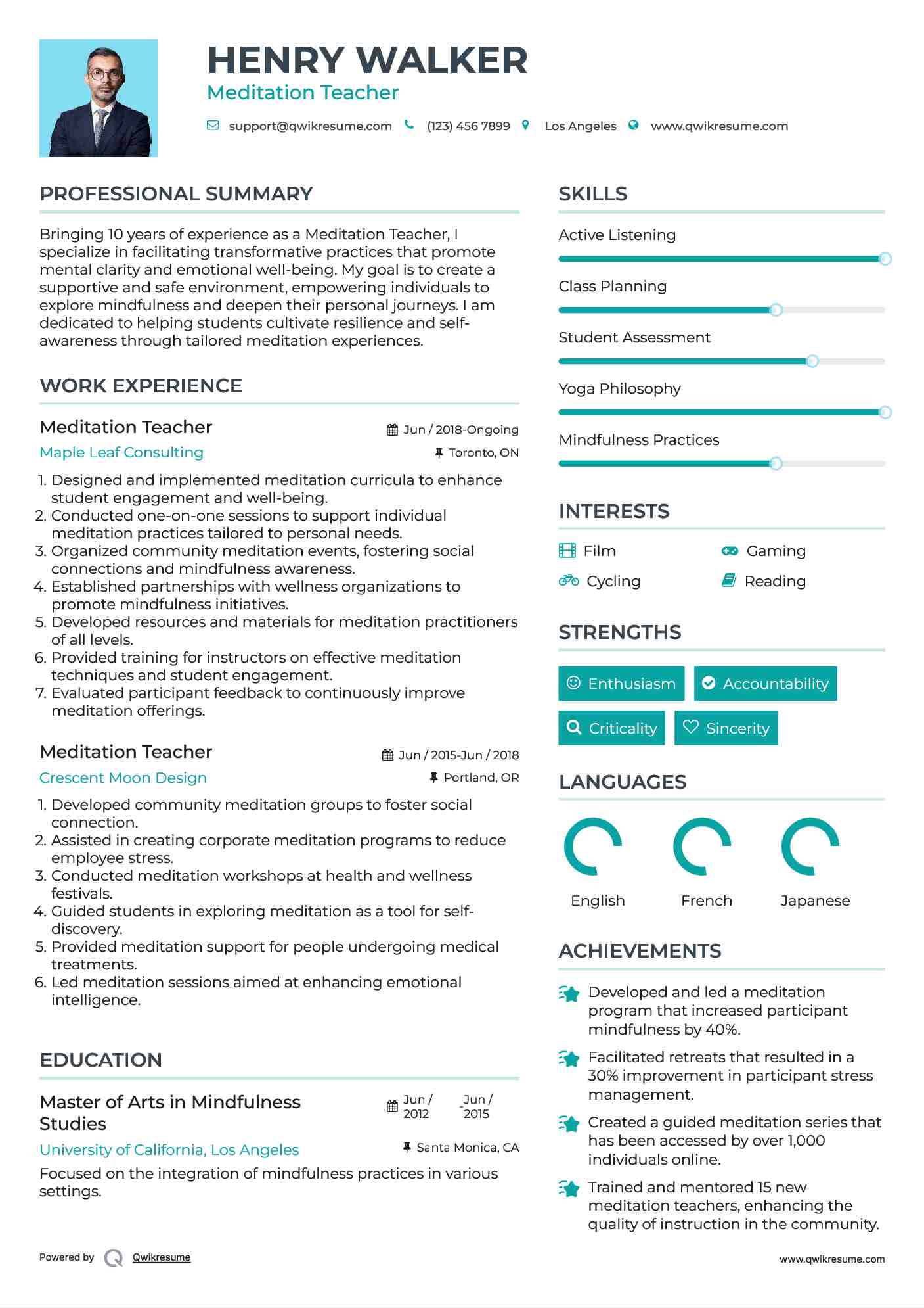 Meditation Teacher Resume Format