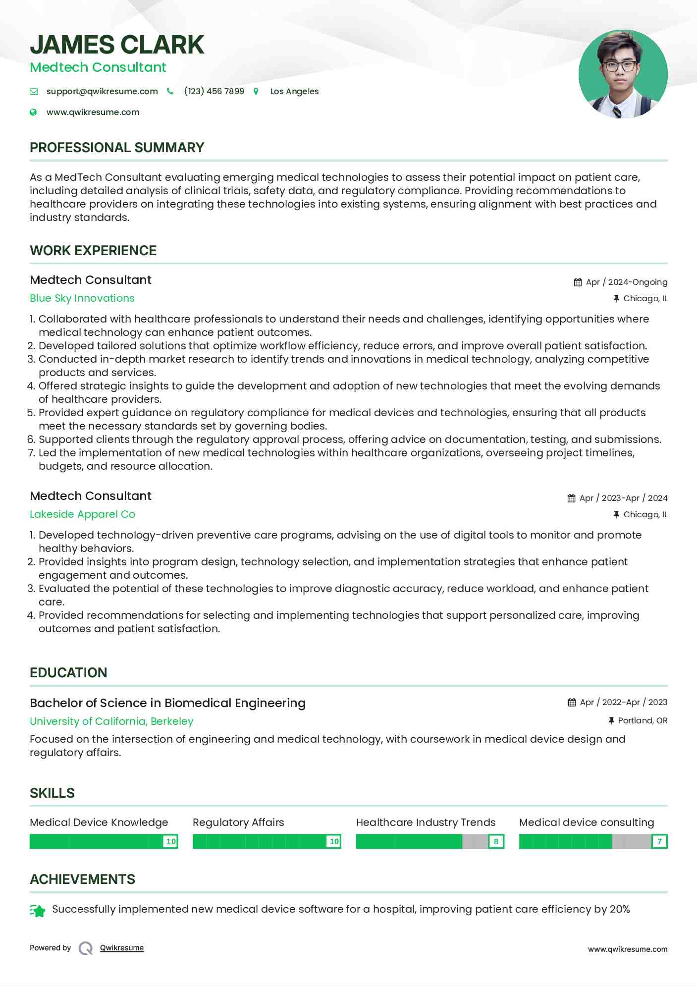 Medtech Consultant Resume Model