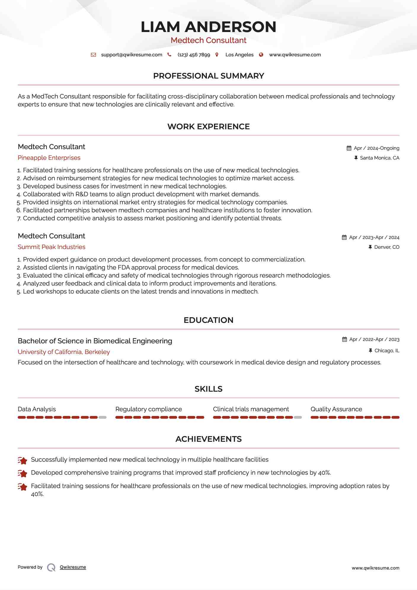 Medtech Consultant Resume Sample