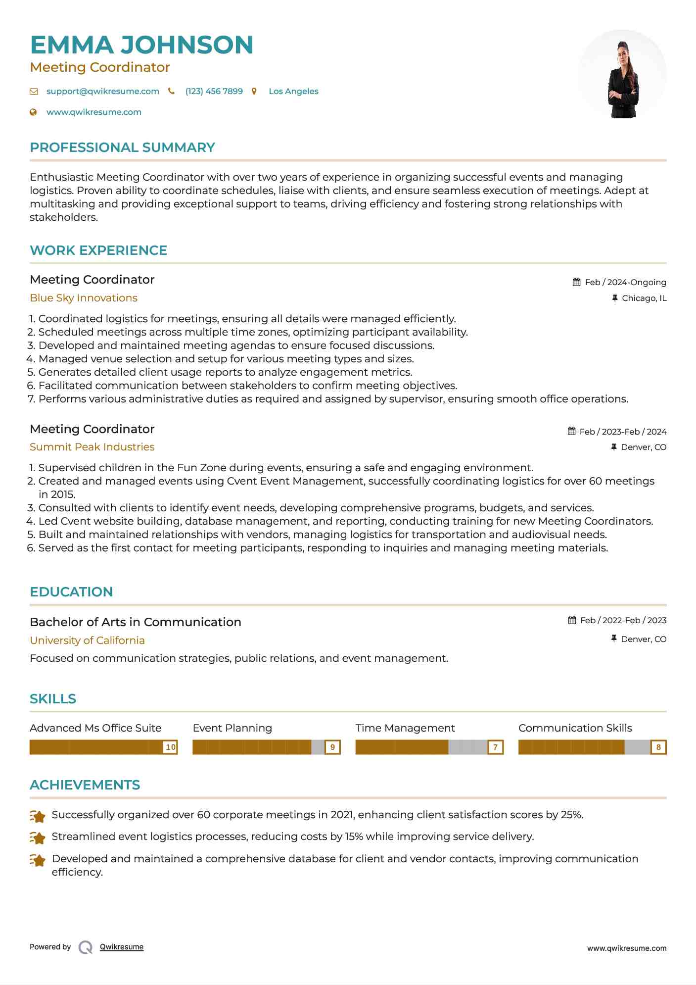 Meeting Coordinator Resume Format