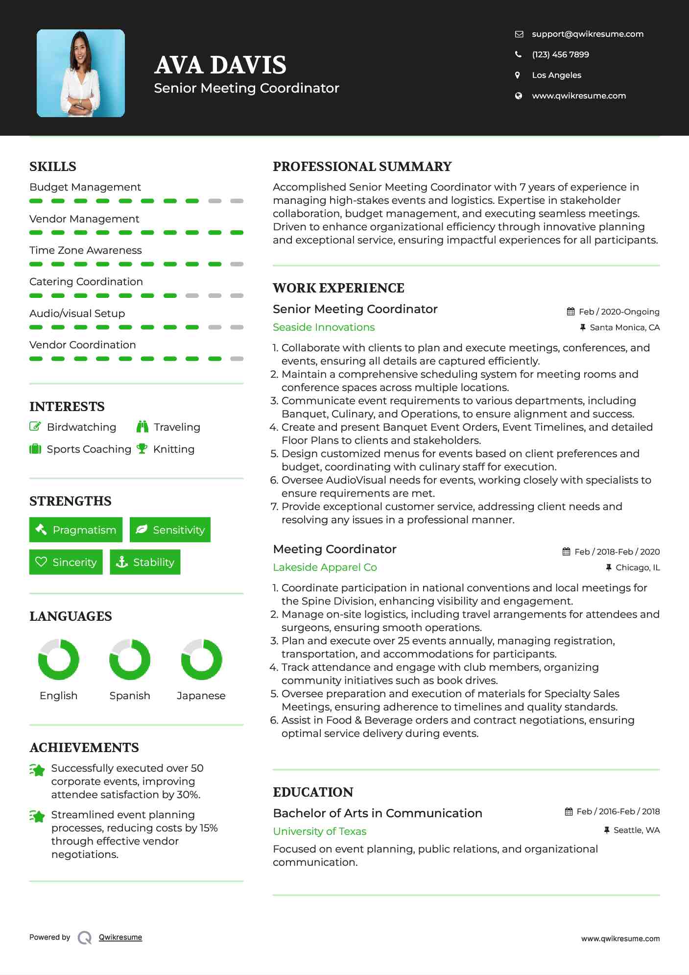 Senior Meeting Coordinator Resume Sample