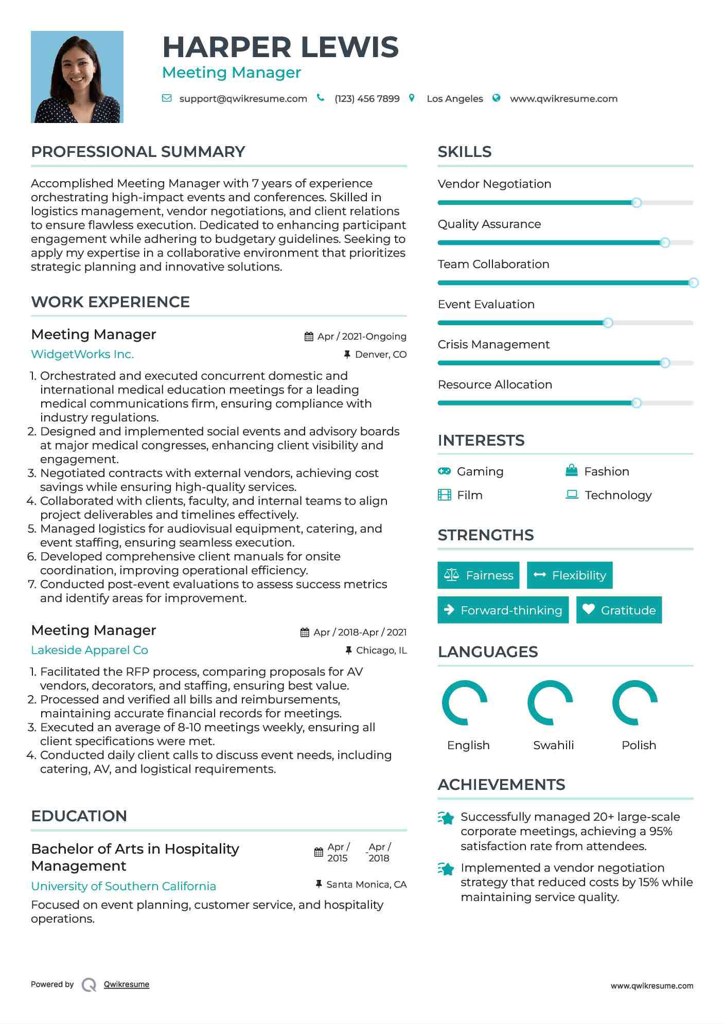 Meeting Manager Resume Sample