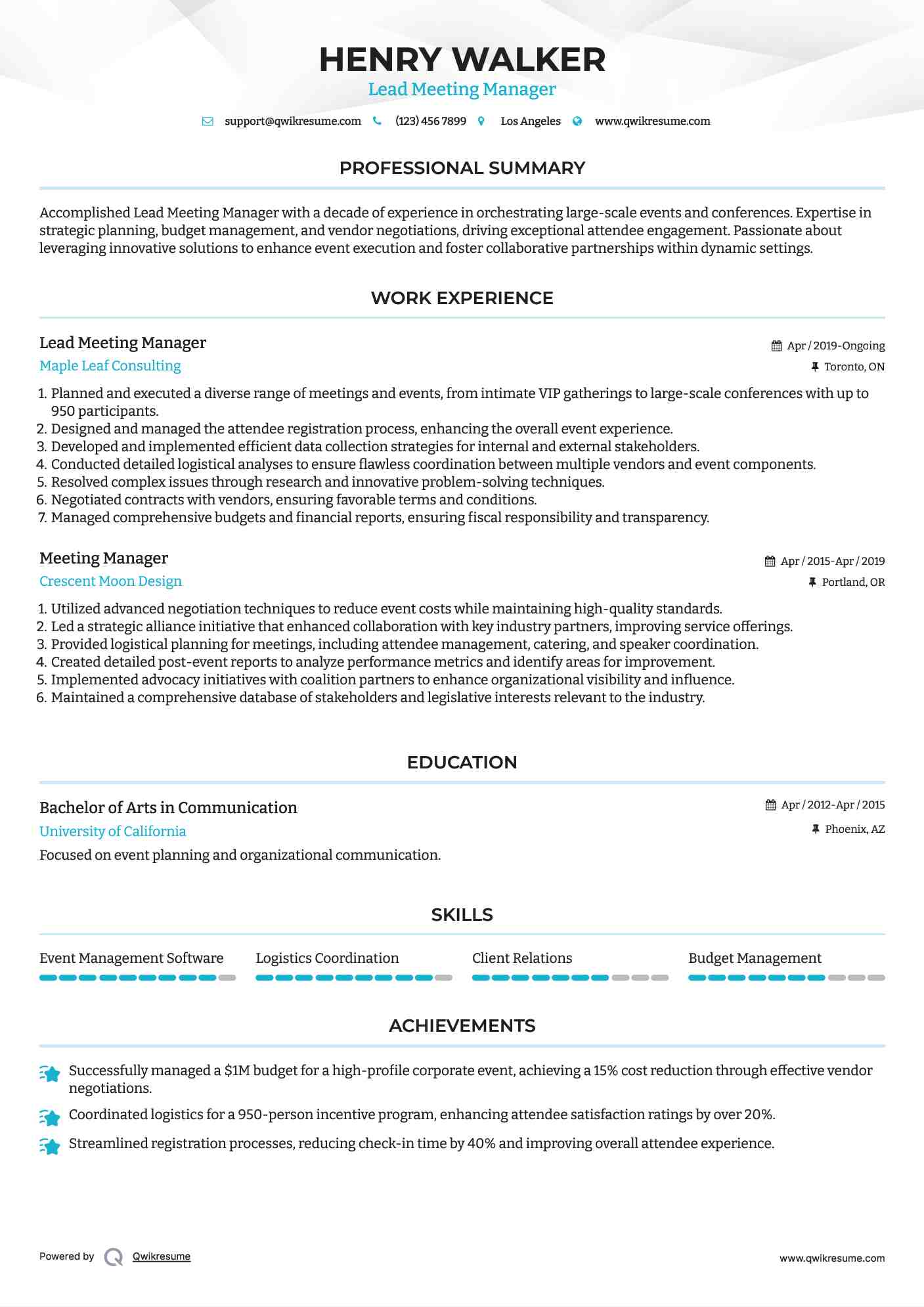 Lead Meeting Manager Resume Example