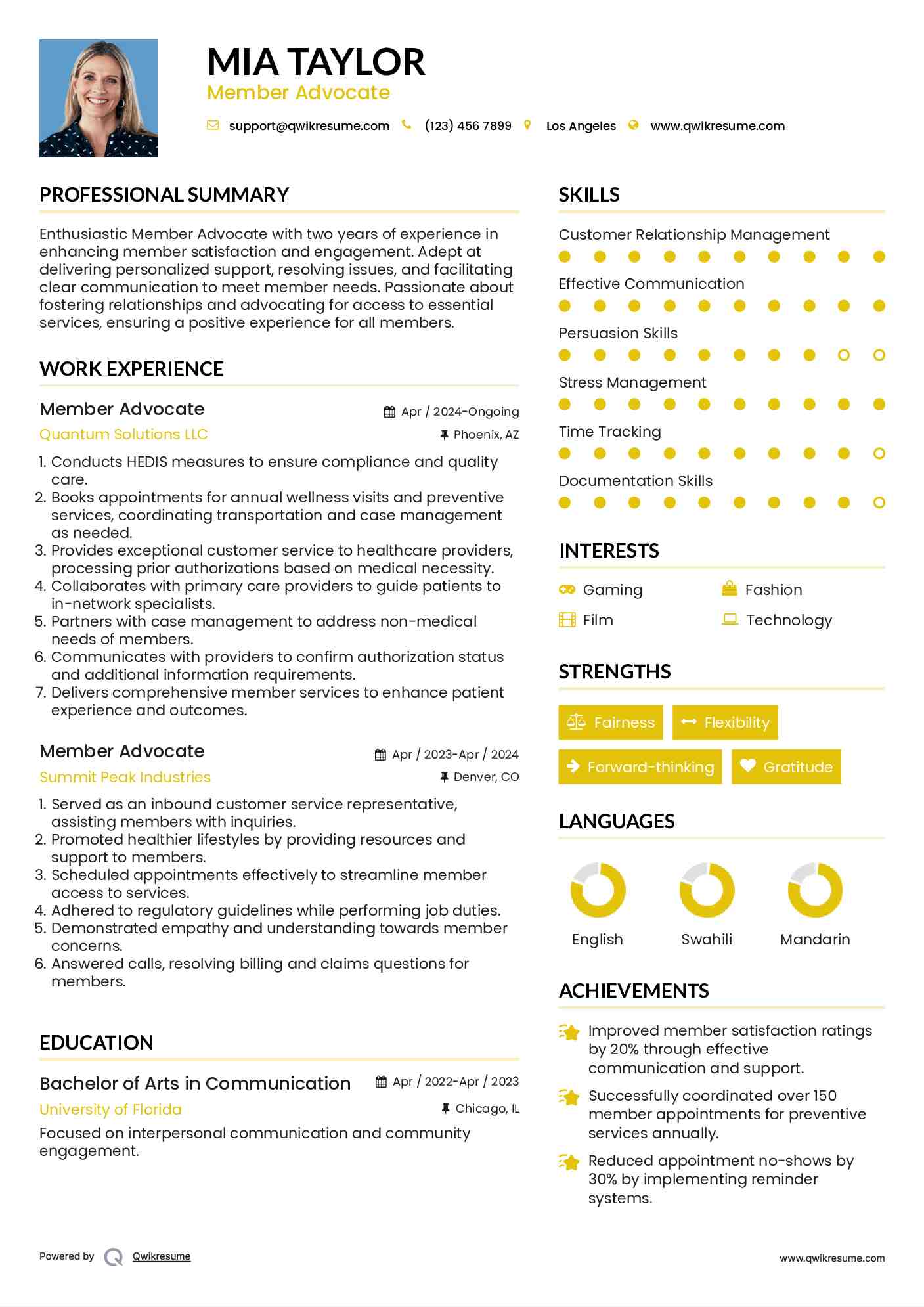 Member Advocate Resume Format
