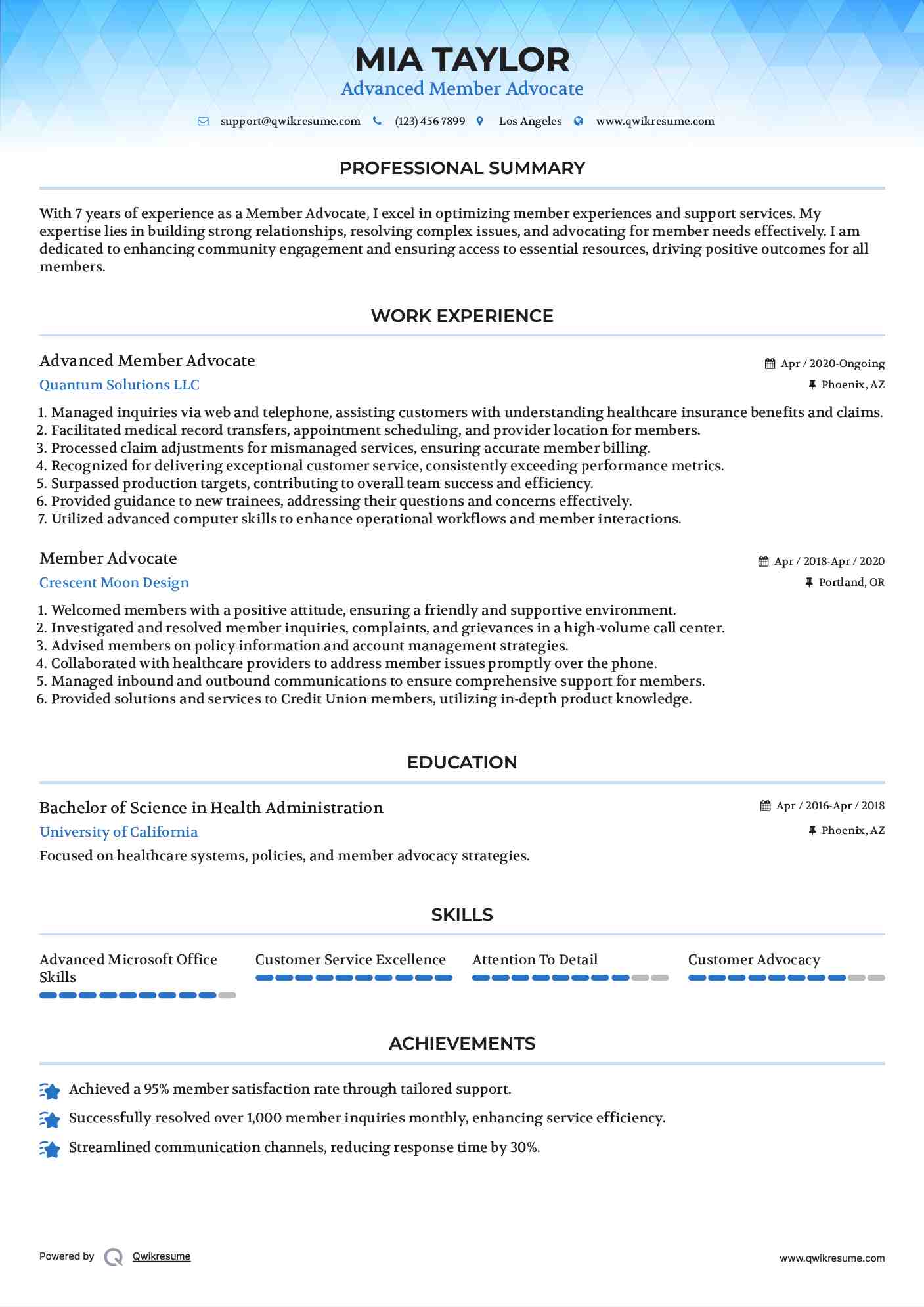 Advanced Member Advocate Resume Model